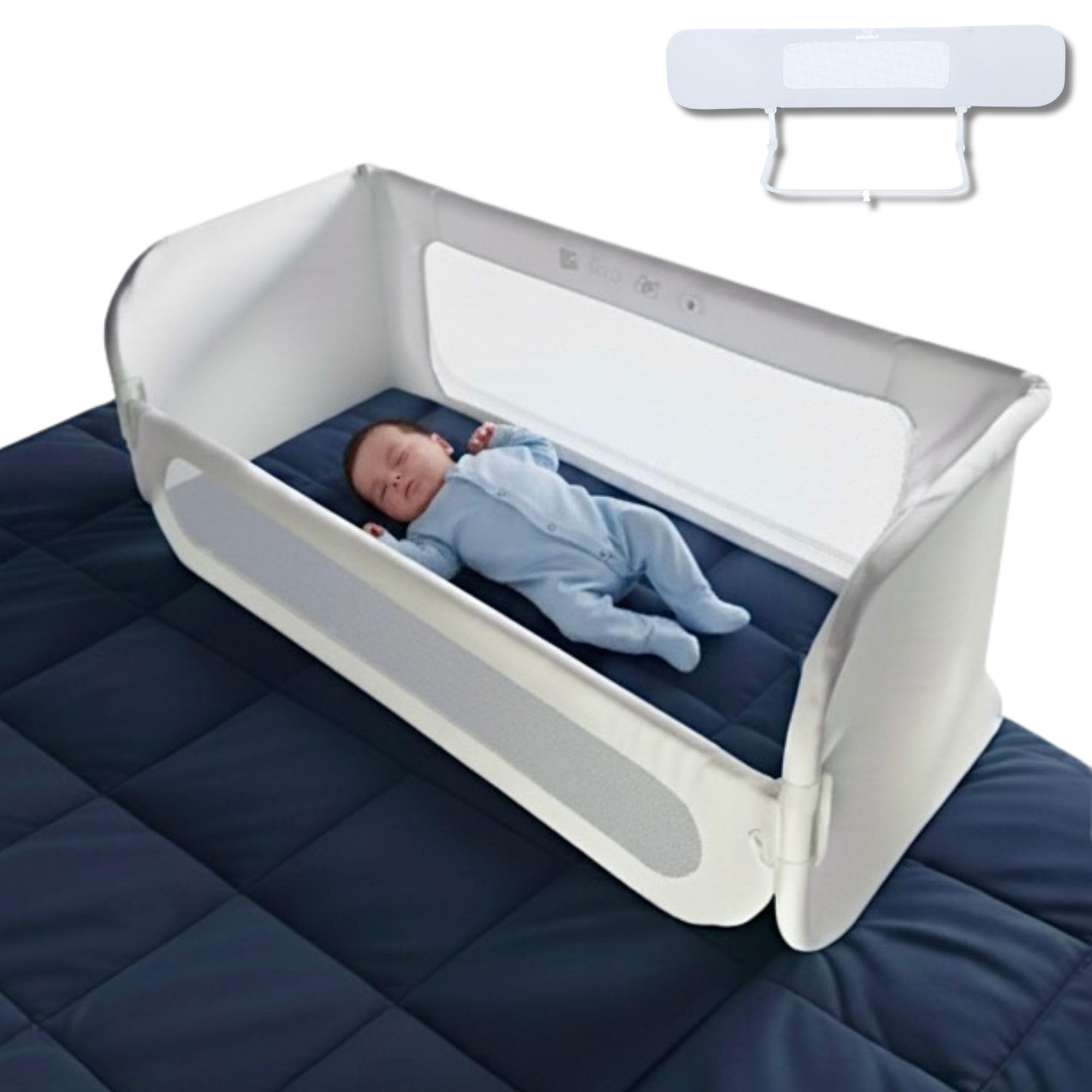 Barrera Cama Niños Evolutiva, hasta 185cm – Barandilla Anticaídas para Bebé y Cuna Colecho, Cuna de Viaje Plegable, Seguridad Infantil con Funda Lavable, Bolsa de Viaje y Cestas Almacenamiento