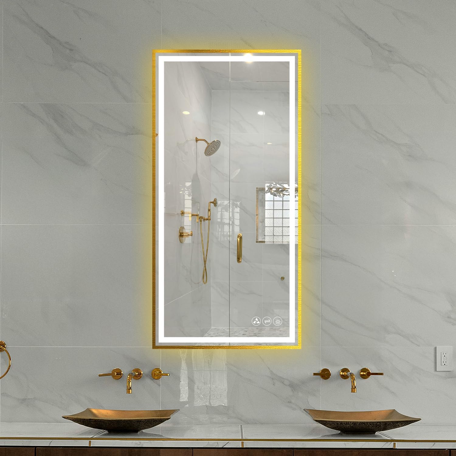 18x36 Inch LED Bathroom Mirror with Brushed Gold Frame| Wall Mounted Backlit Vanity Mirror with Lights | Anti-Fog, 3 Color Dimmable Smart Bathroom LED Mirror | Frame Vanity Mirror for Makeup