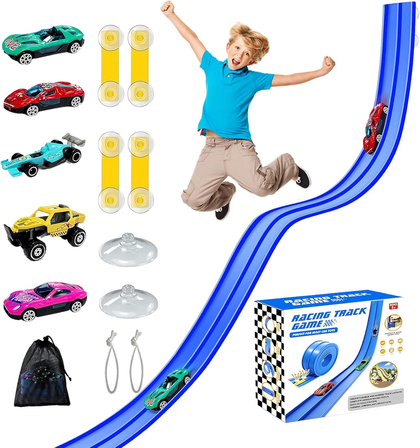 Flexible Race Track for Kids, 16Ft Car Ramp Track Set with 16 Suction Cups, Hot Wheel Cars Compatible Roll Up DIY Track Toys for Boys Girls Age 3 4 5 6 7 8 - Blue
