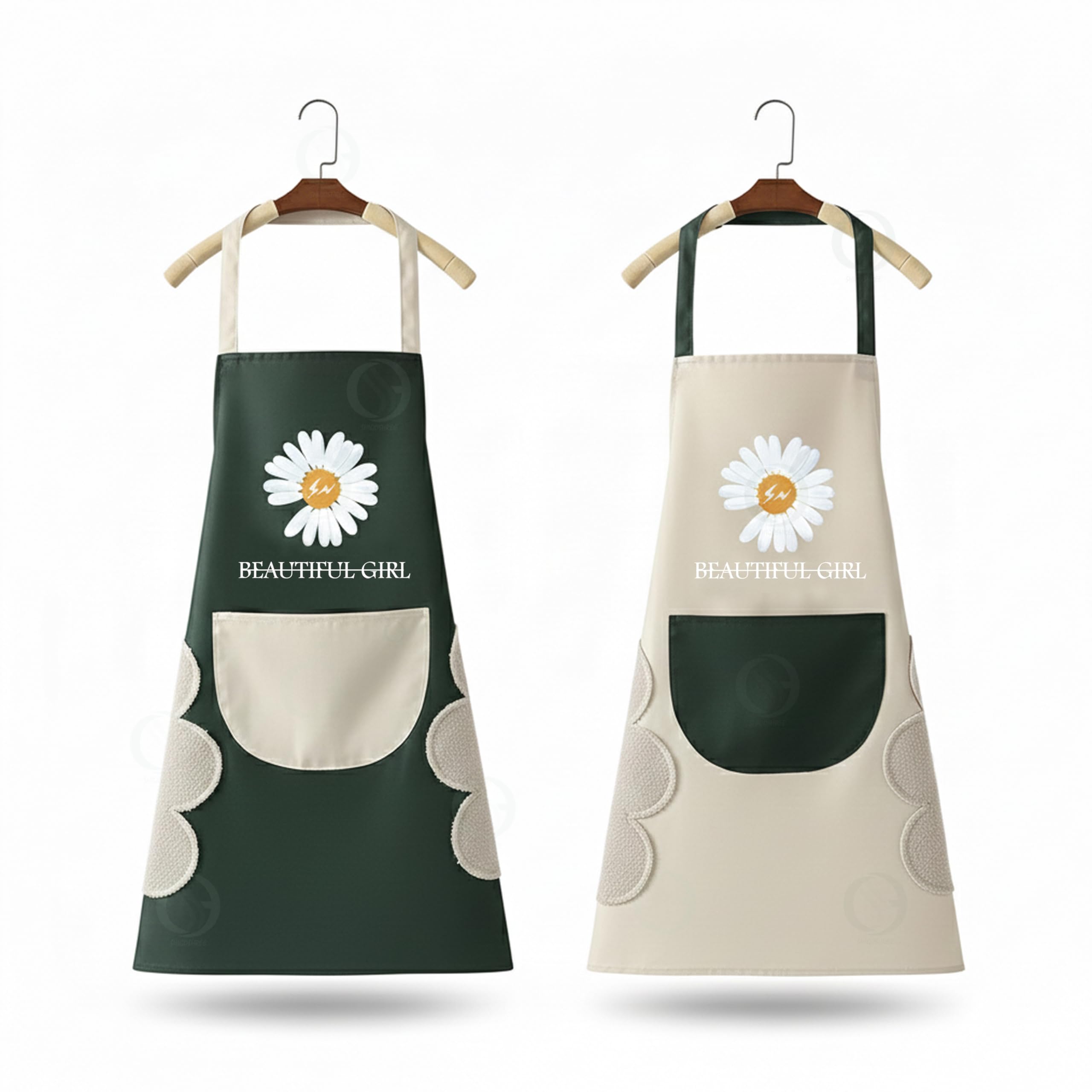 Kitchen Apron Set with Front Pocket, Floral Bunny Design, Waterproof, Blue and Pink, 2-Pack-image-30