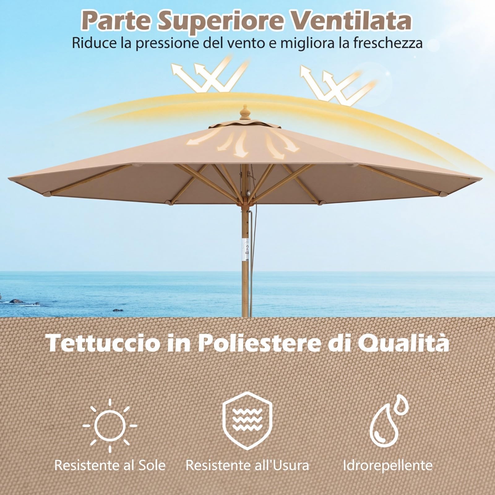 COSTWAY Ombrellone da Giardino 280 cm, Ombrellone Inclinazione Regolabile a 30°, con 8 Stecche, per Spiaggia Piscina Cortile (Marrone)