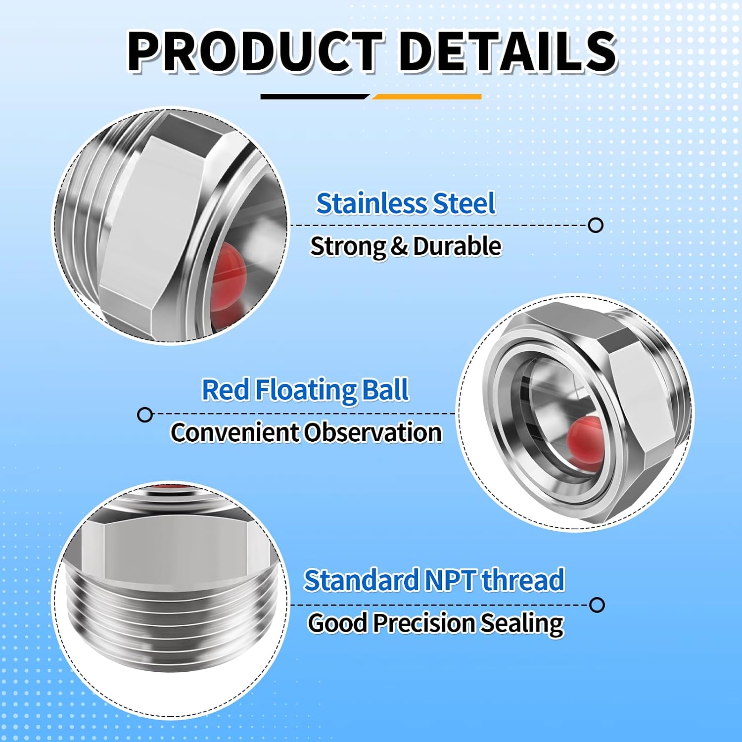FANOVO 3/4" NPT Stainless Steel Air Compressor Sight Glass with Red Float Ball, Oil Level Sight Glass Replacement Site Plug for Easy Level Checks on Compressors & Water Tanks