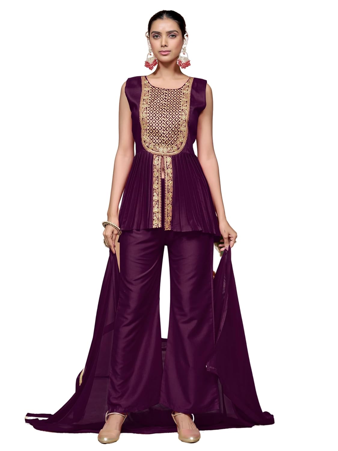 EthnicJunction Women’s Cotton Silk Yoke Embroidery A-line Sleeveless Kurta Palazzo with Dupatta Set | Wedding Outfit| Ethnic Kurta Set | Heavy