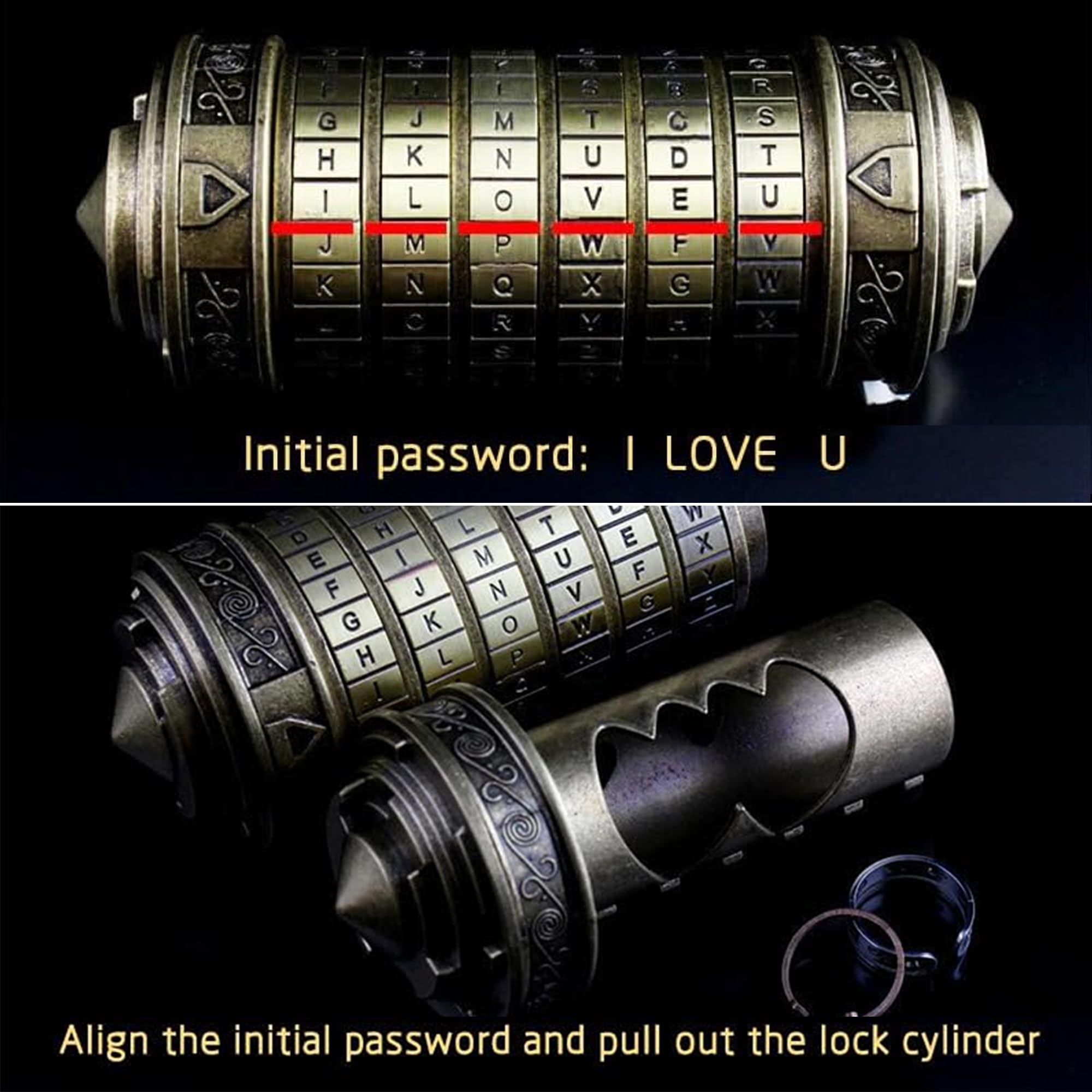 Da Vinci Code, Zylinderschloss Box Mini Cryptex Retro Alphabet Sperren Valentinstag Freundin Freund Weihnachten Geburtstag Interessantes Kreatives Romantisches Geschenk（Bronzefarbe）