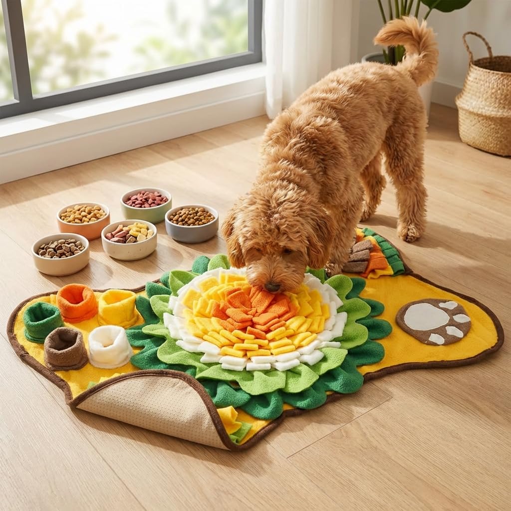 NIHUIFDPY Snuffle Mat for Dogs, Interactive Dog Puzzle Toy for Foraging & Stress Relief - Soft Washable Slow Feeder Feeding Mat with Squeaky Toys for Puppies, Small & Medium Dogs (64x43cm)-image-38