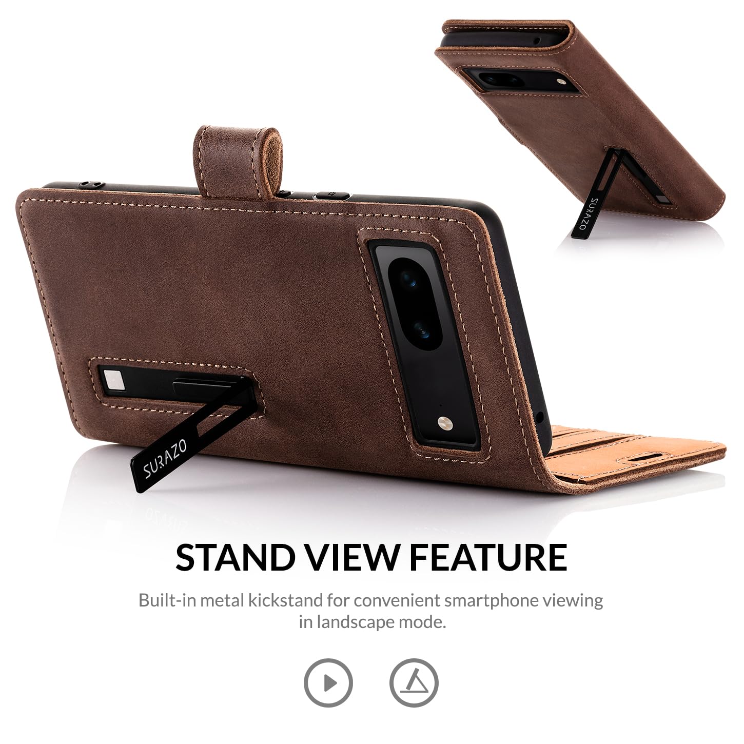 SURAZO Etui na telefon komórkowy do Google Pixel 8 – składane etui ochronne z prawdziwej skóry [magnes, kieszeń na karty, ochrona RFID, funkcja stojaka] Flip Case Cover skórzane etui
