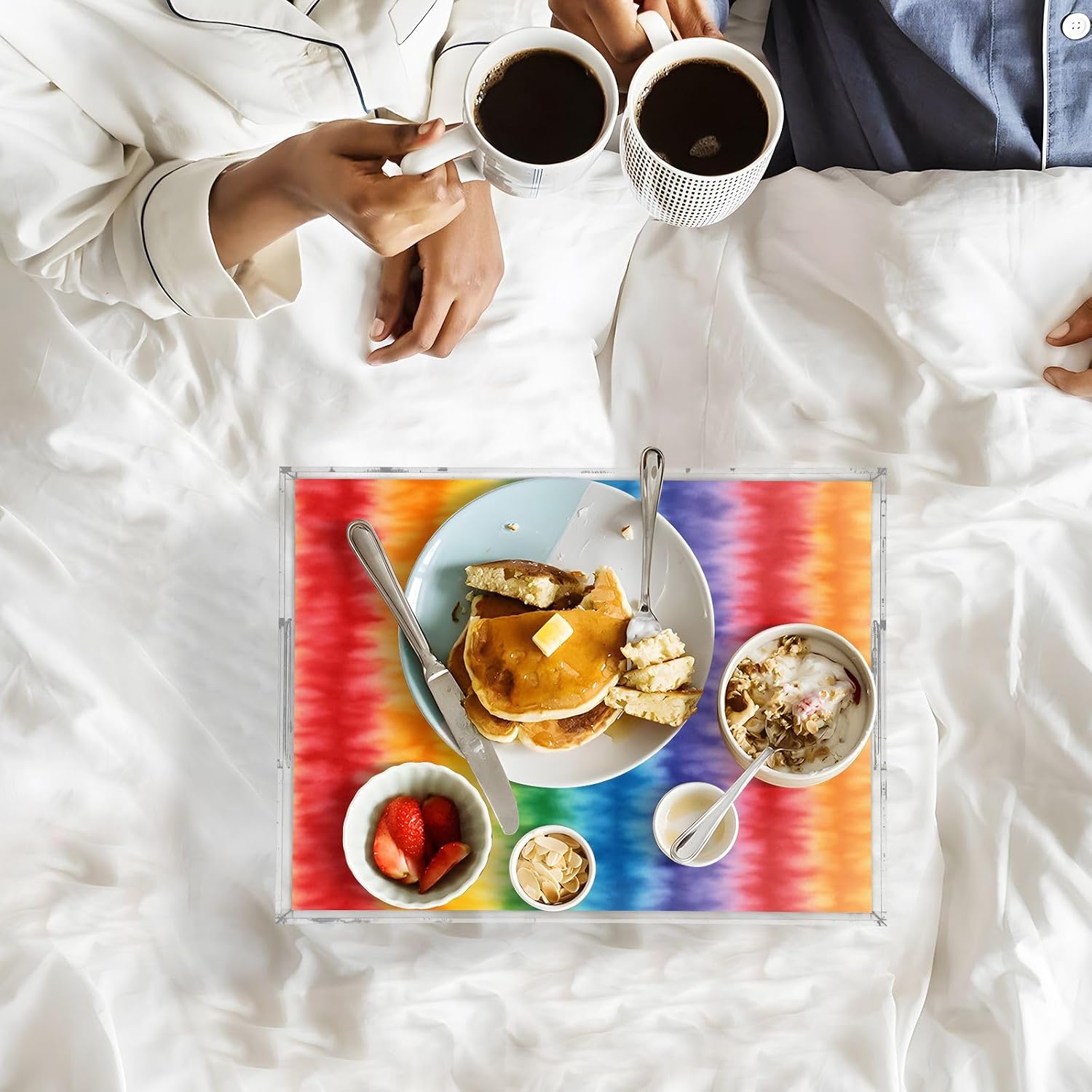 Rainbow Tie Dye Serving Tray, Decorative Ottoman Trays with Handles for Breakfast, Coffee Table, Dining Room, Party - 16" x 12"