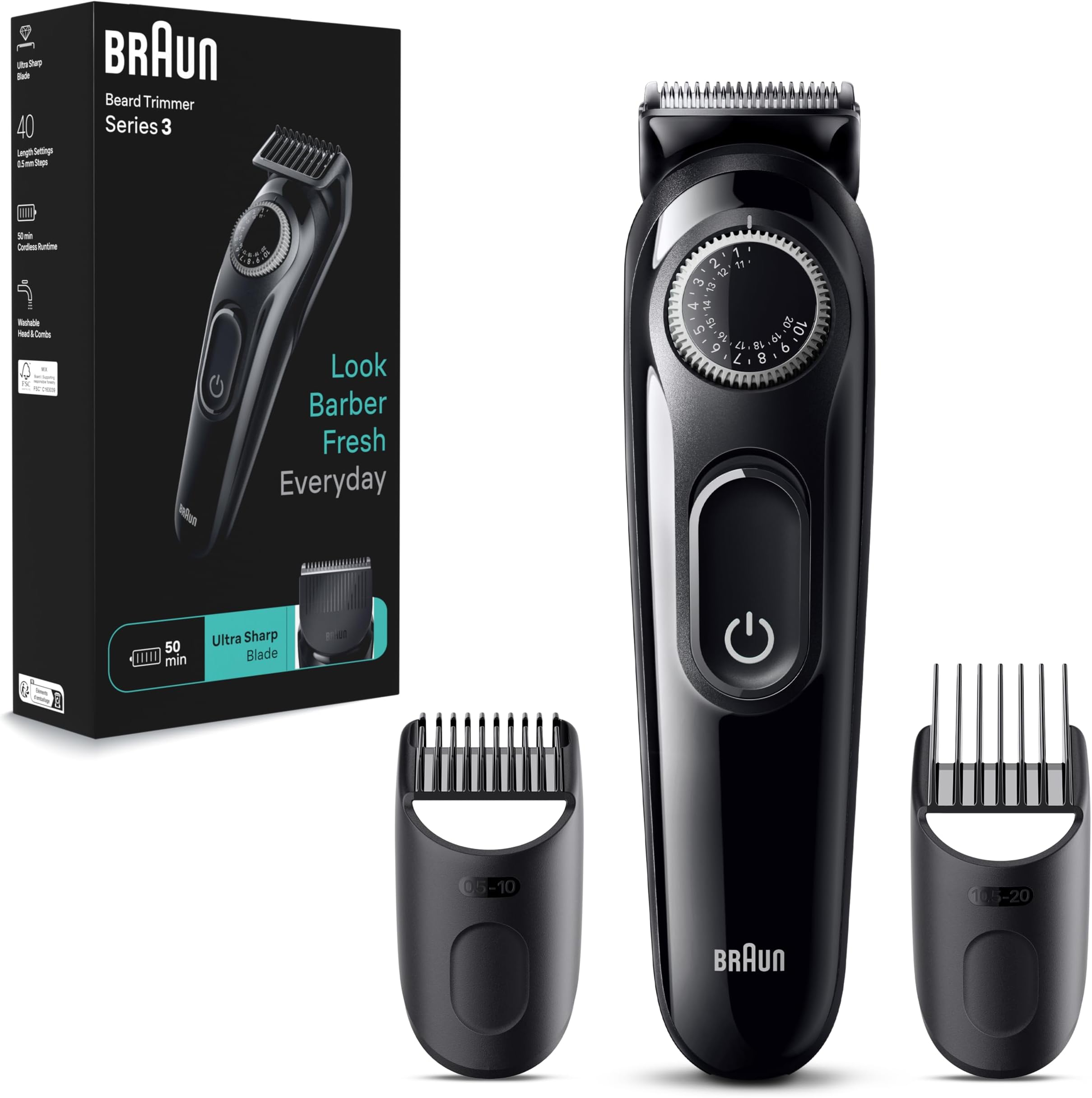 "Braun Beard Trimmer Series 3 3410, Trimmer For Men with Styling Tools and 50-min Runtime "