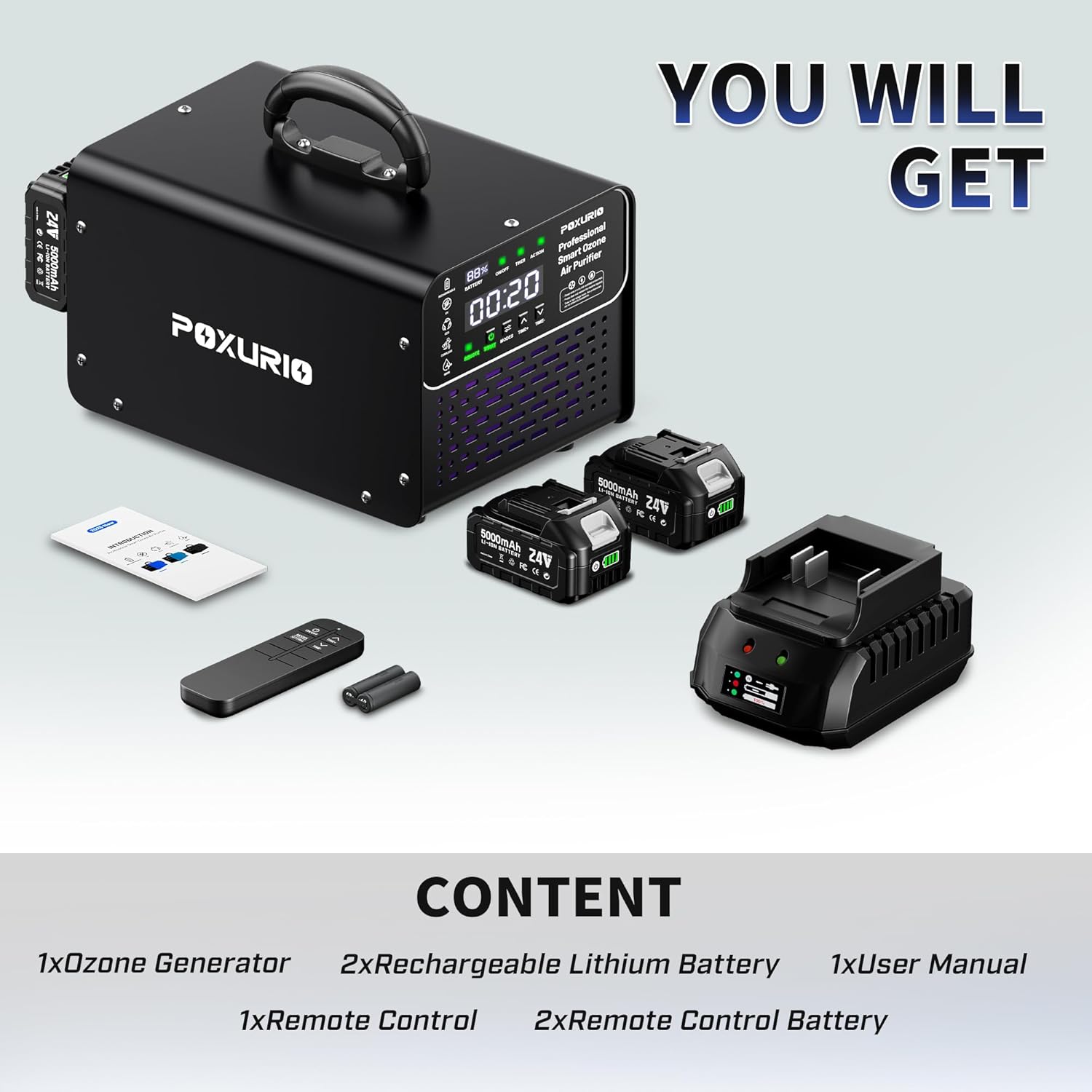 Ozone Generator Cordless with 2 x 5000mAh Battery&Quick Charger for 8-10 Hours Use, 1000000mg Commercial Odor Remover Digital Ozonator Machine With Remote Control, Auto Timming for Large Space