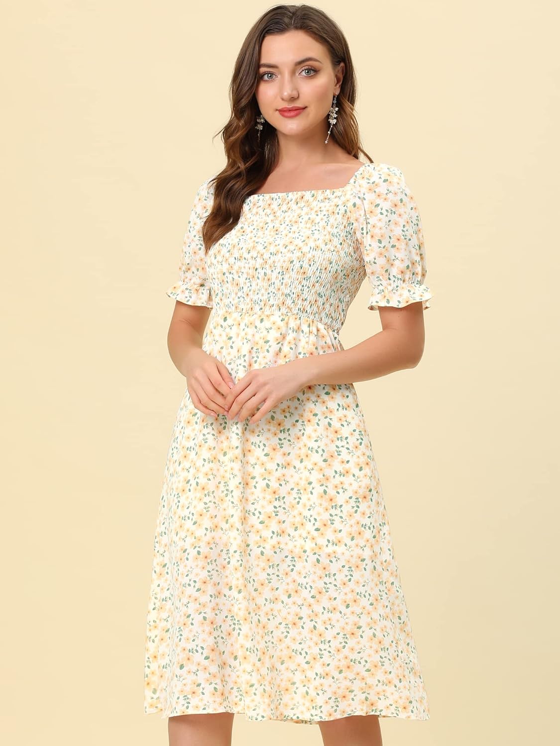 Allegra K Women's Cottagecore Floral Dress Puff Sleeves Smocked Midi Dresses - Image 2