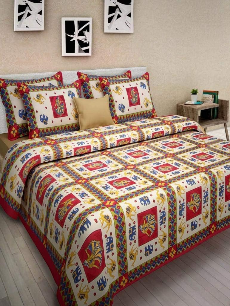 Lakshita Enterprises 100% Cotton Rajasthani Jaipuri sanganeri Traditional King Size Double Bed Sheet with 2 Pillow Covers