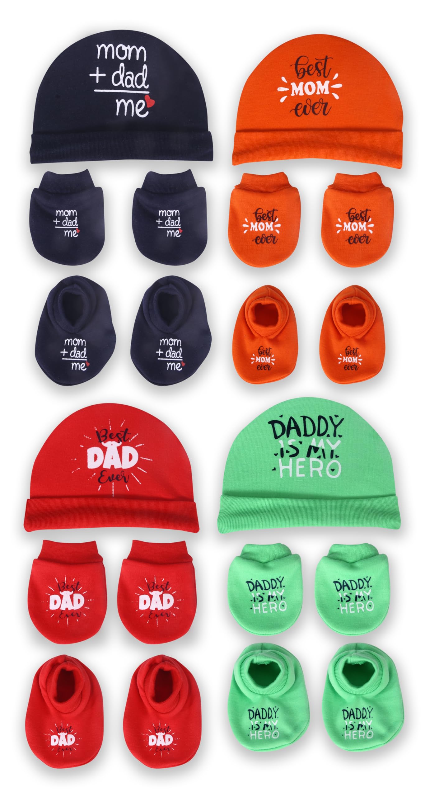 Mom's Darling, Pack of 4 Pairs, Newborn Baby Cotton Mitten Sets with Cap and Booties | Baby Mittens and Gloves Set for Newborn 0-6 Months | Baby Cap Set | Baby Socks Set | Multicolor.