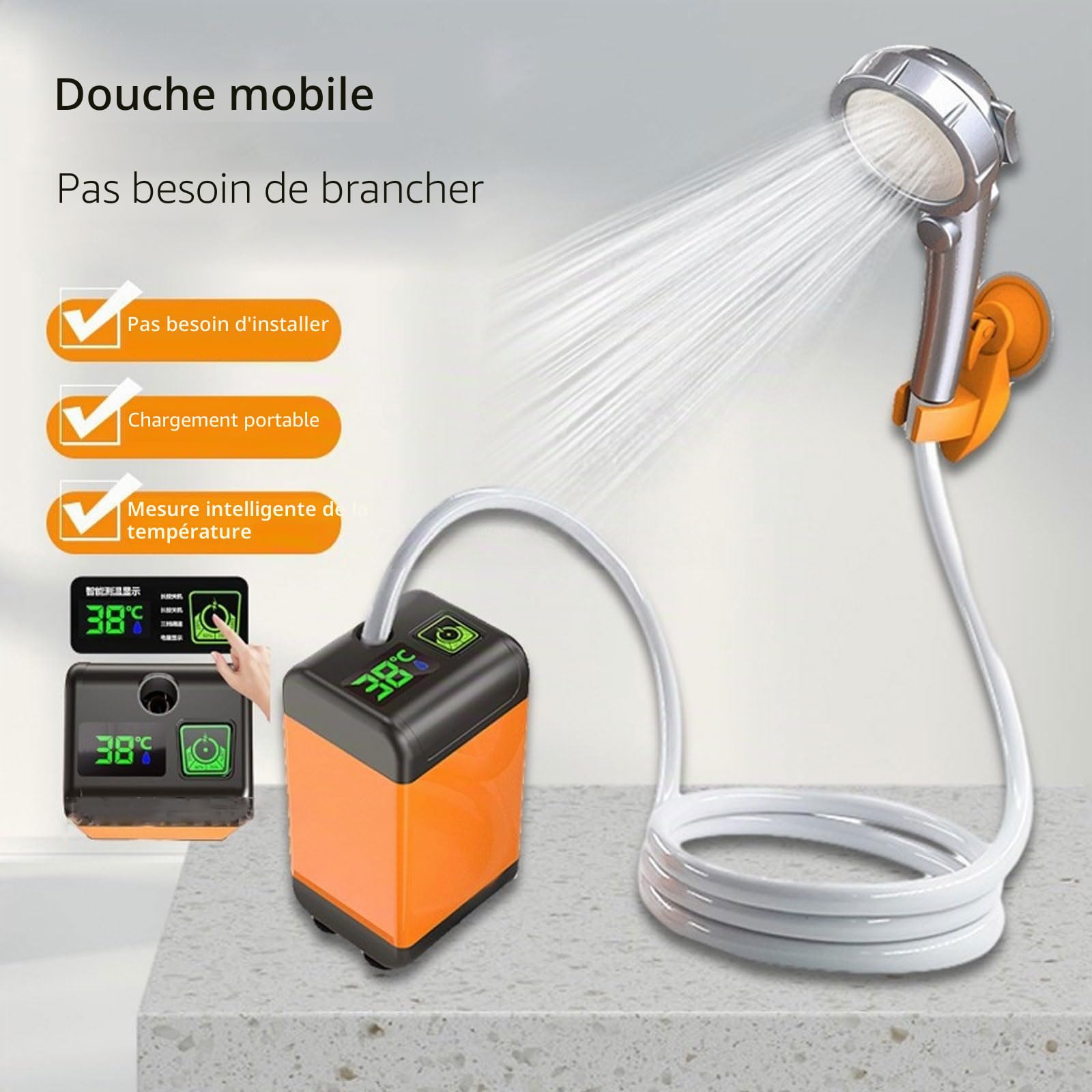 Camping Douche Portable,Douche Camping Chauffante avec Tête de Douche Réglable et Tuyau,Trois niveaux réglables,avecécranIntelligent de la Température,Idéale pour Randonnée,Camping,Voyages,Plage