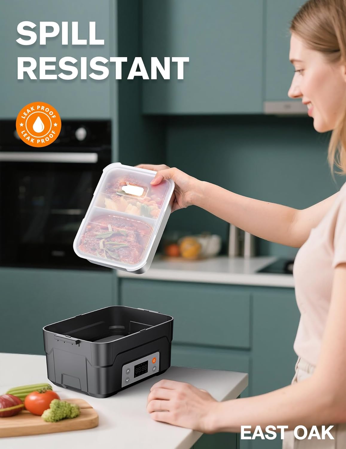 EAST OAK XL 6.3-Cup Cordless Electric Lunch Box for Adults, Heated Lunch Box for Men with Scheduled Heating, Portable Car Food Warmer with Utensils, Two-Tier Bag, Removable Divider - Image 5