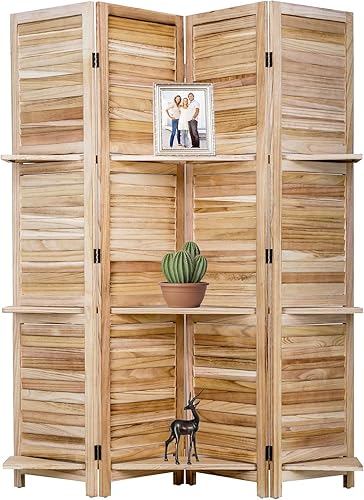 Divisor de habitación, 4 paneles de madera plegable, pantalla de privacidad, separadores de pared portátiles independientes con estantes de