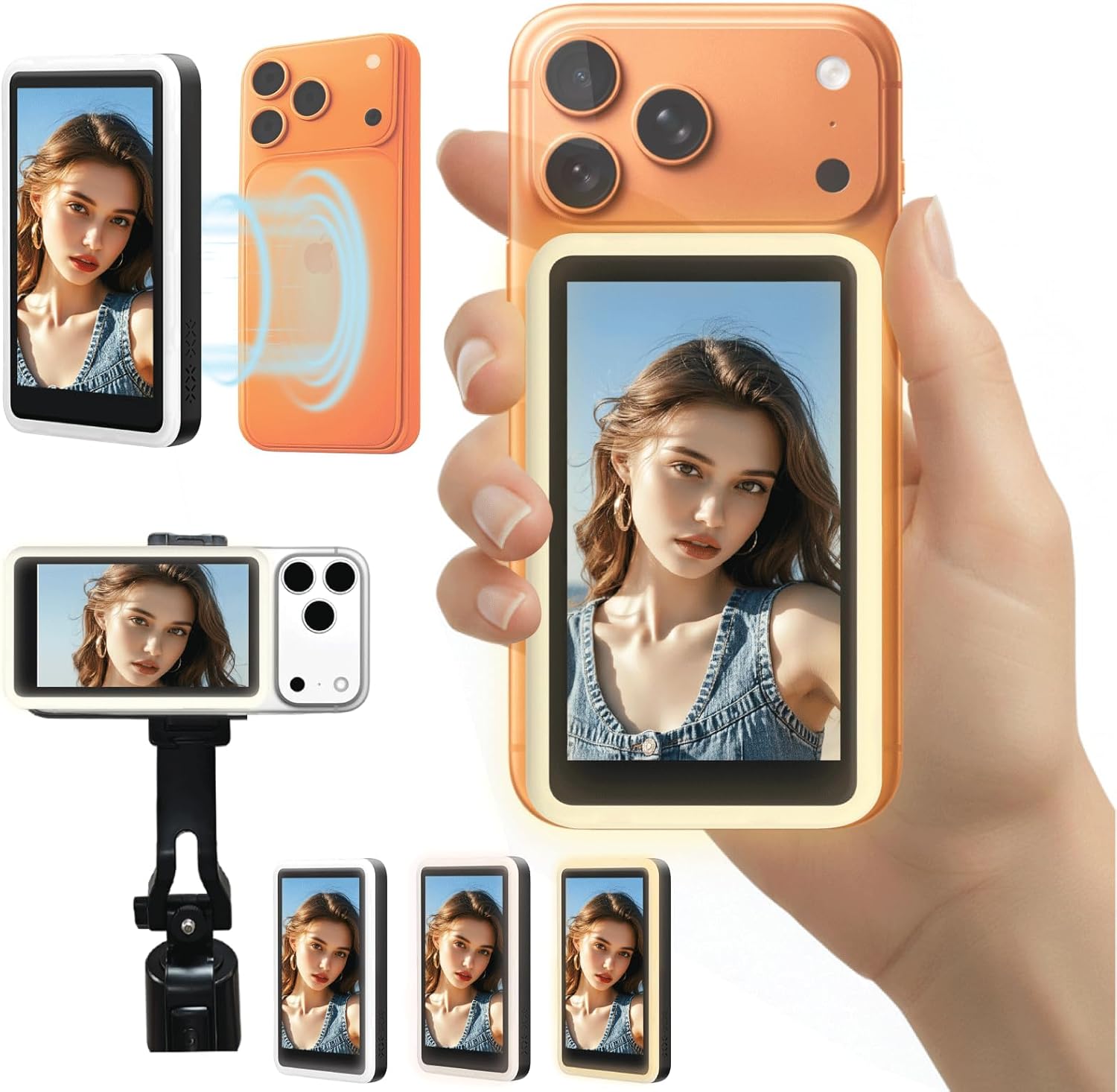 Selfie Monitor Screen for iPhone & Android with External Speaker & Adjustable Fill Light, Magsafe-Style Vlog Preview Screen, Back Camera Monitor, Magnetic Phone Vlog Screen (Black)