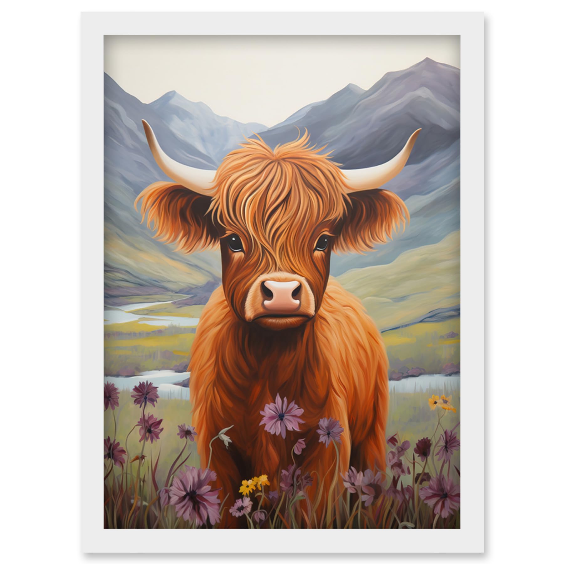 Artery8 Kids Bedroom Nursery Artwork Highland Calf Cow in Heather and Cornflower Glen Scotland Artwork Framed Wall Art Print A4