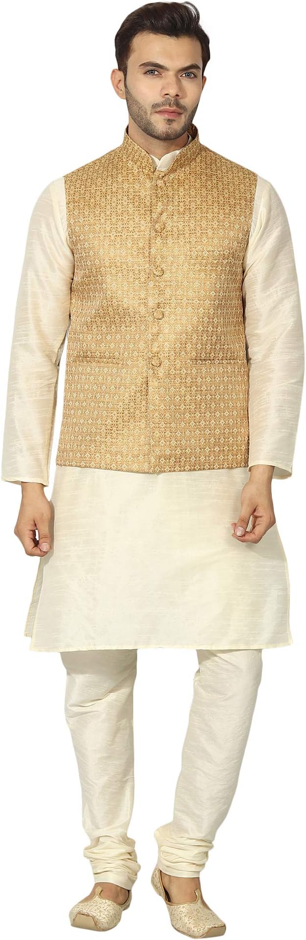 Uri and MacKenzie Men's Off-White kurta pyjama set with Ethnic Nehru jacket