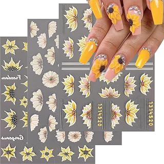 5D Engraved Sunflower Nail Art Stickers Decals Yellow Lotus Flower Acrylic Embossed Sliders Nail Art Supplies Summer Nail Stickers Manicure Decoration for Women Girls Nails Painting Charms Accessories