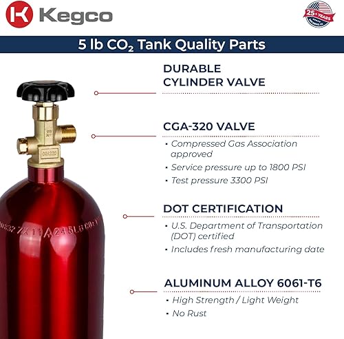 Miniatura 4 de Kegco 3PB5-RED 5 lb. Tanque de aluminio de Co2 con acabado epoxi rojo eléctrico