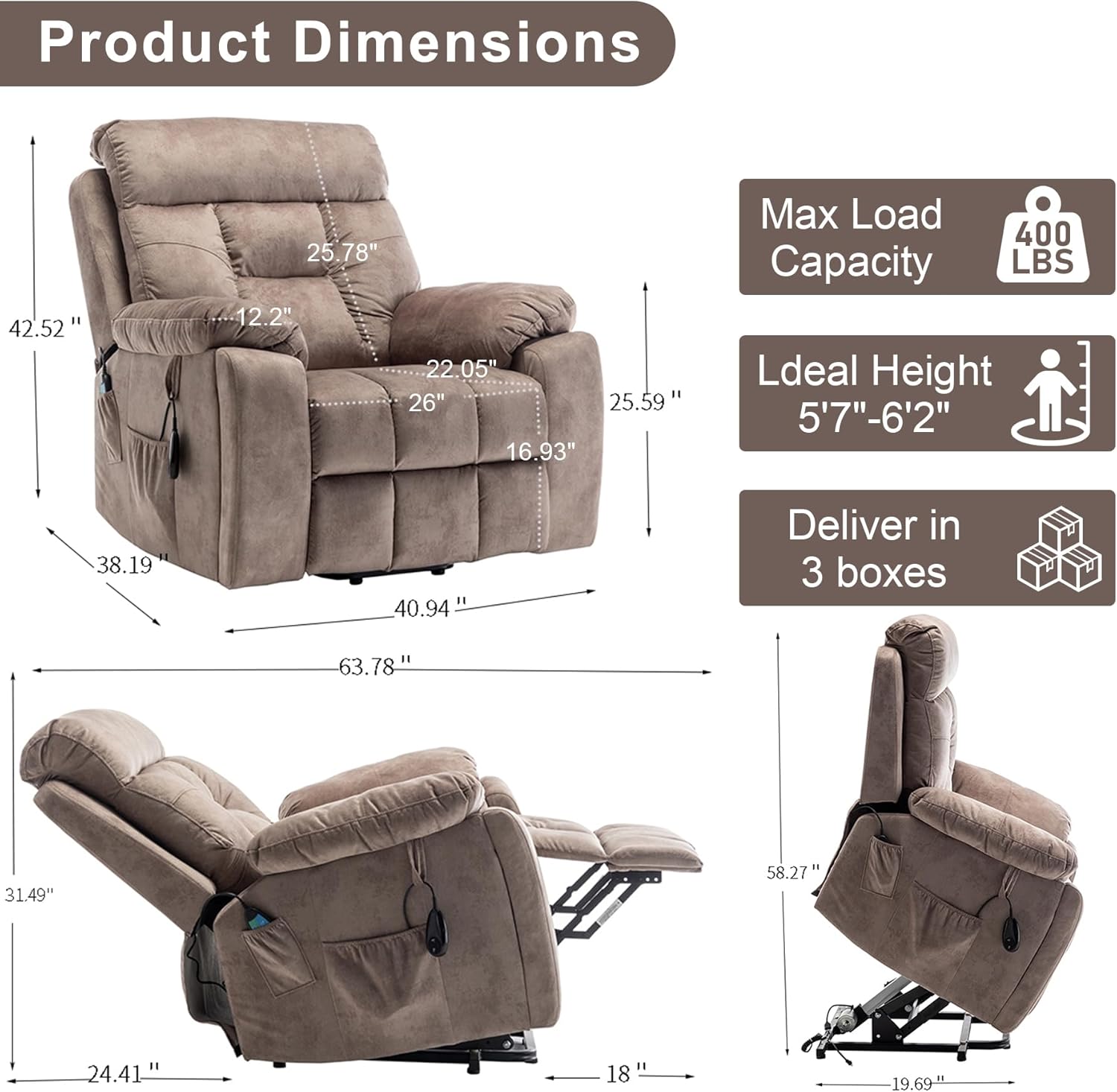 Oversized Lift Recliner Chairs for Elderly, 26in Extra Wide Power Chair with Massaga and Heating, Large Electric Lay Flat Recliners Sofa for Big and Tall Adult Lounging, Velvet Brown