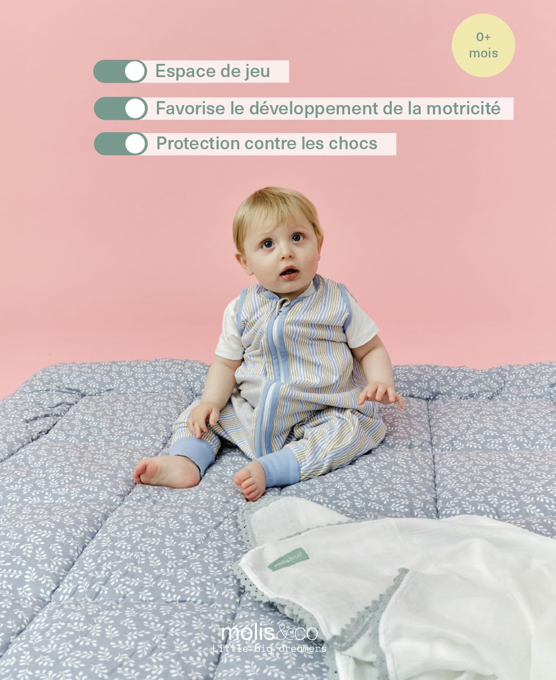 molis&co. Tapis de Jeu pour bébé. Tapis de Sol Portable Pliable Extra Large de 120 x 120 cm pour Les Tout-Petits et Les bébés. Très rembourré. Blue Garden. Oeko-TEX 100.