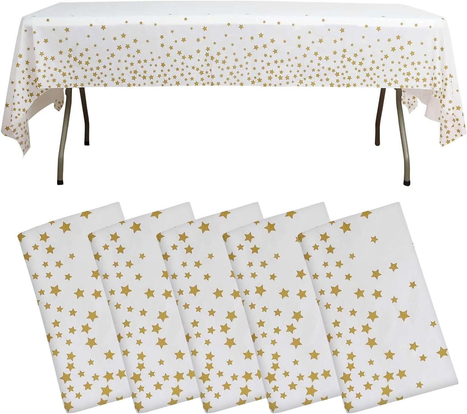 Efavormart 5 Pack White and Gold Star Disposable Tablecloths - 54x108 inch Waterproof Plastic Rectangle Table Covers for Birthdays, Graduation and Celestial Theme Parties