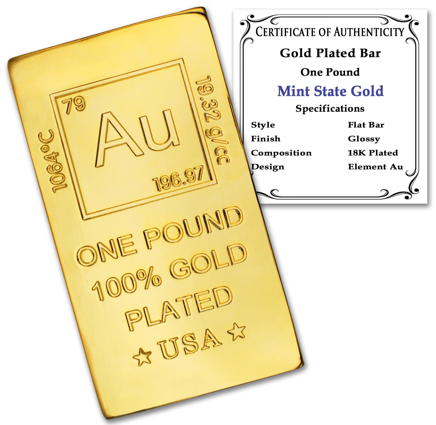 1 lb Gold Plated Bar (Flat Style) 18K Paperweight - Element Design with Certificate of Authenticity