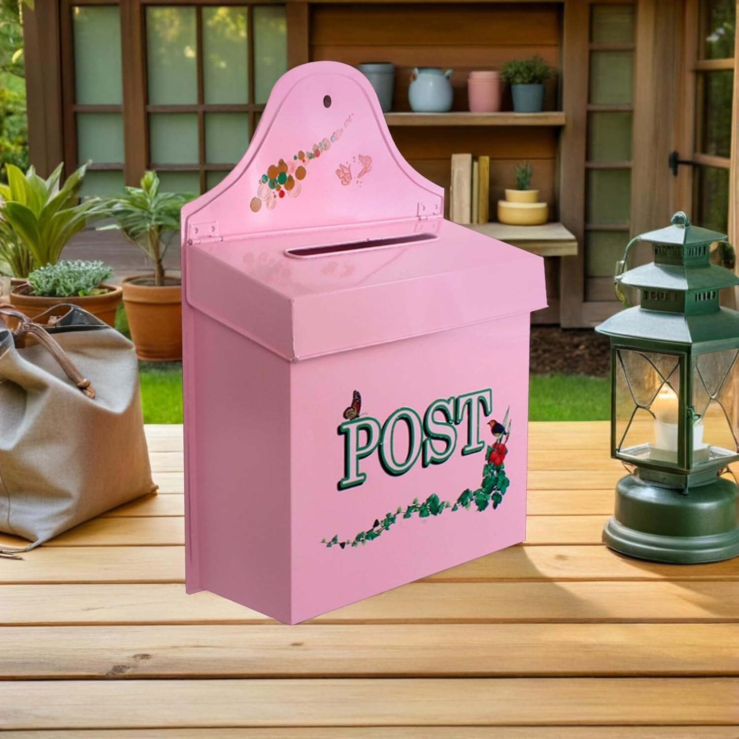 Cabilock Metal Wall Mount Mailbox for Outdoor Use, Decorative Vintage Farmhouse Style, Pink Rustic Mailbox with Front Door for Garden and Home Exterior