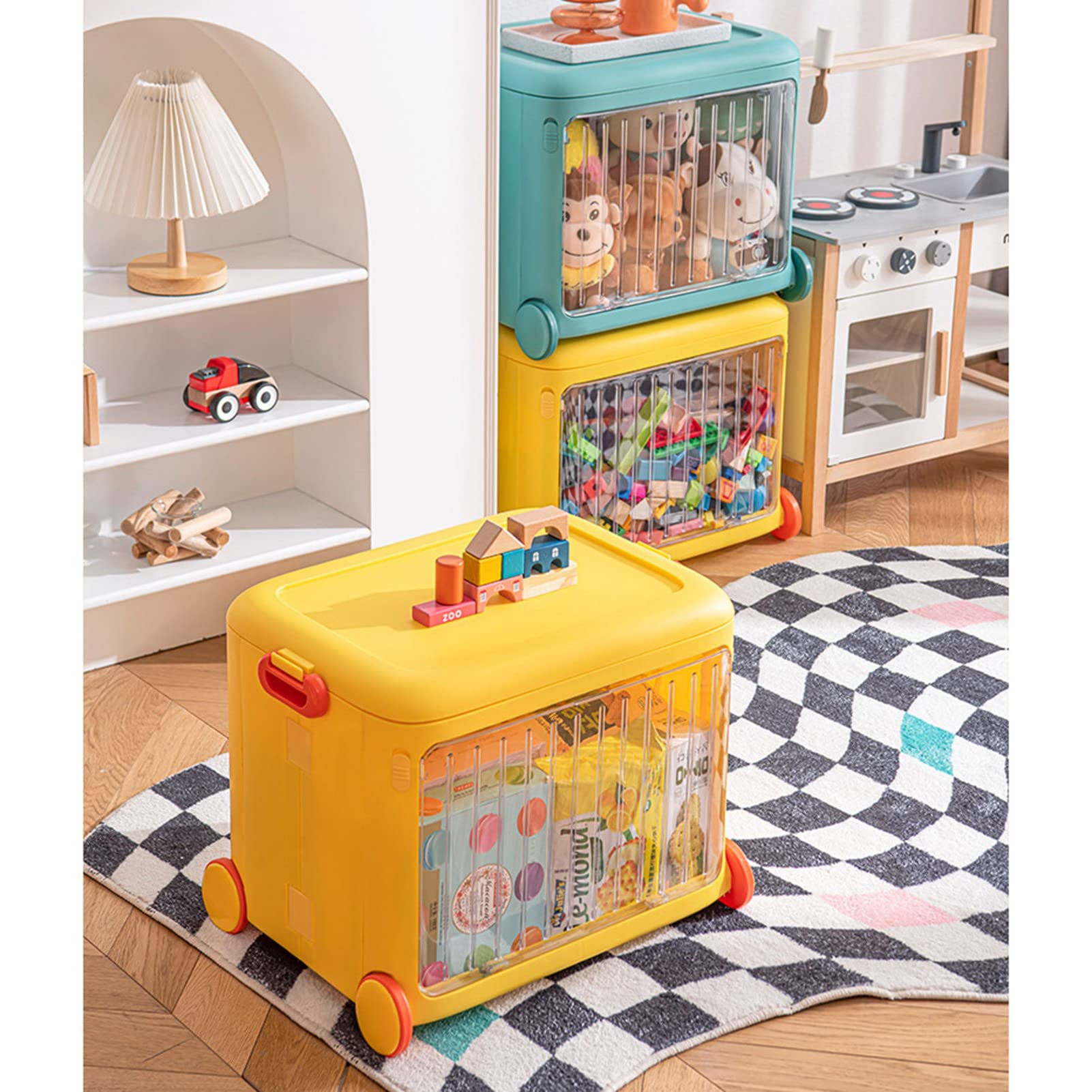 Fdit Contenitori Portaoggetti Pieghevoli e Impilabili per Bambini con Maniglia e Ruote, Organizzatori in Plastica Trasparente Visibile per Giocattoli, Libri, Snack (BLUE)