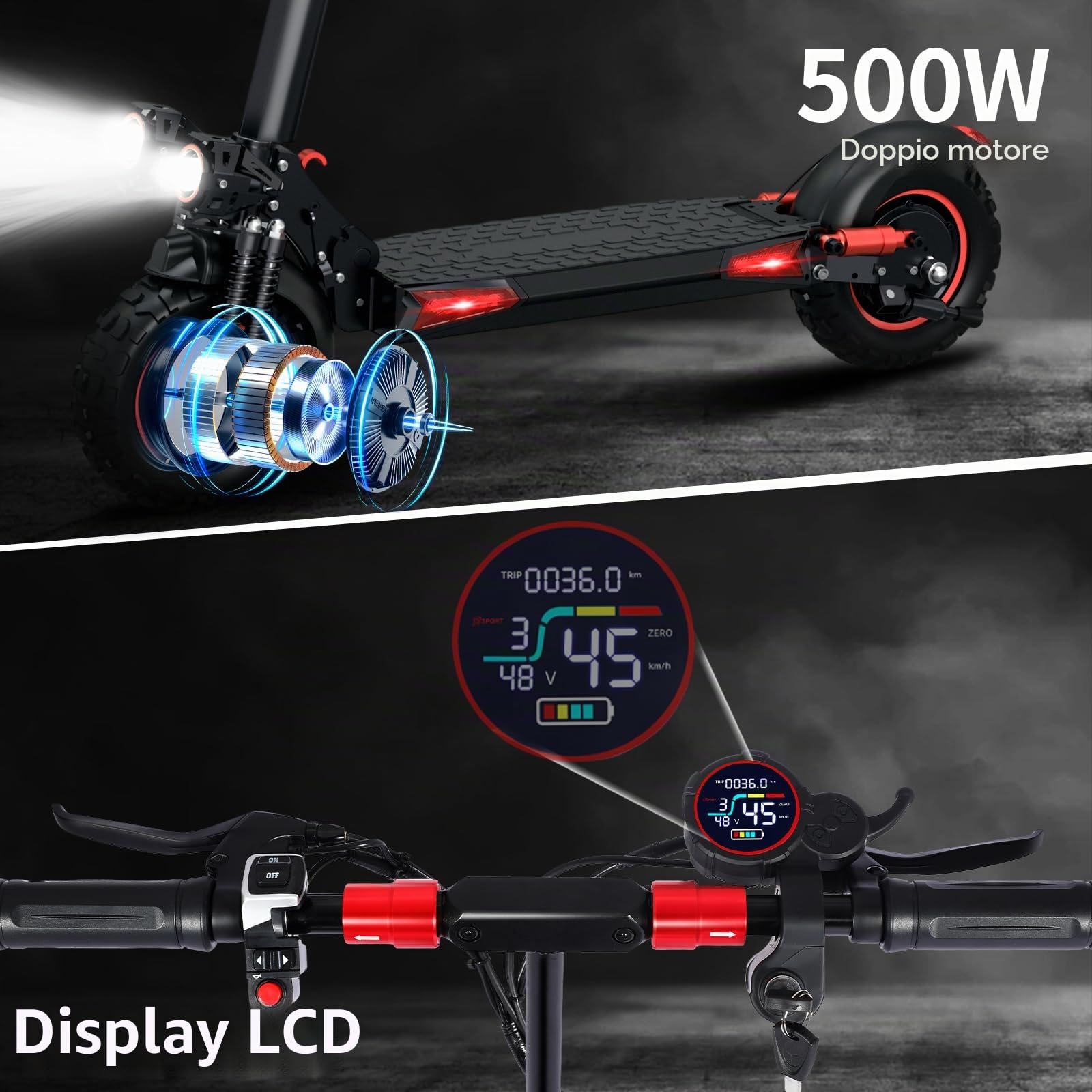 Monopattino Elettrico Adulti Fuoristrada, Batteria 48V 18Ah, Ruote 11" Off-road, Doppia Sospensione, Freni a Disco, Carico 150kg, Modalità Risparmio 25km/h, Scooter Pieghevole Professionale