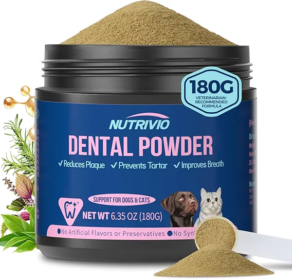 Nutrivio Dental Powder for Dogs and Cats - Teeth Cleaning for Dog Breath Freshener, Plaque and Tartar Remover, 5 Strains of Probiotics and Natural Ingredients, Dental Care for Dogs - 6.35oz 180g