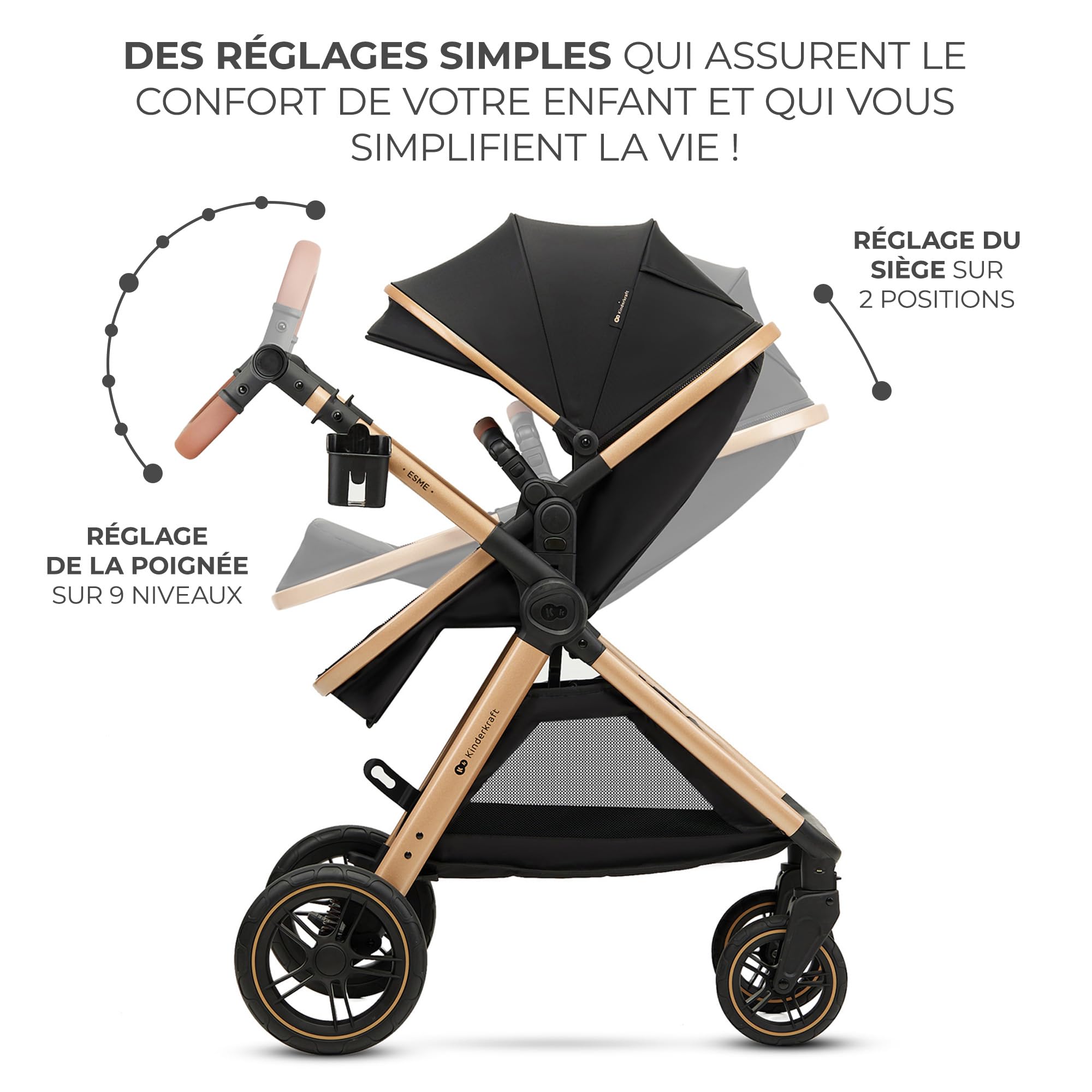 Kinderkraft ESME Poussette 3 en 1 avec porte-bébé Mink PRO I-Size, système de voyage, poussette bébé, poussette pliable, pour nouveau-né jusqu'à 4 ans, Noir