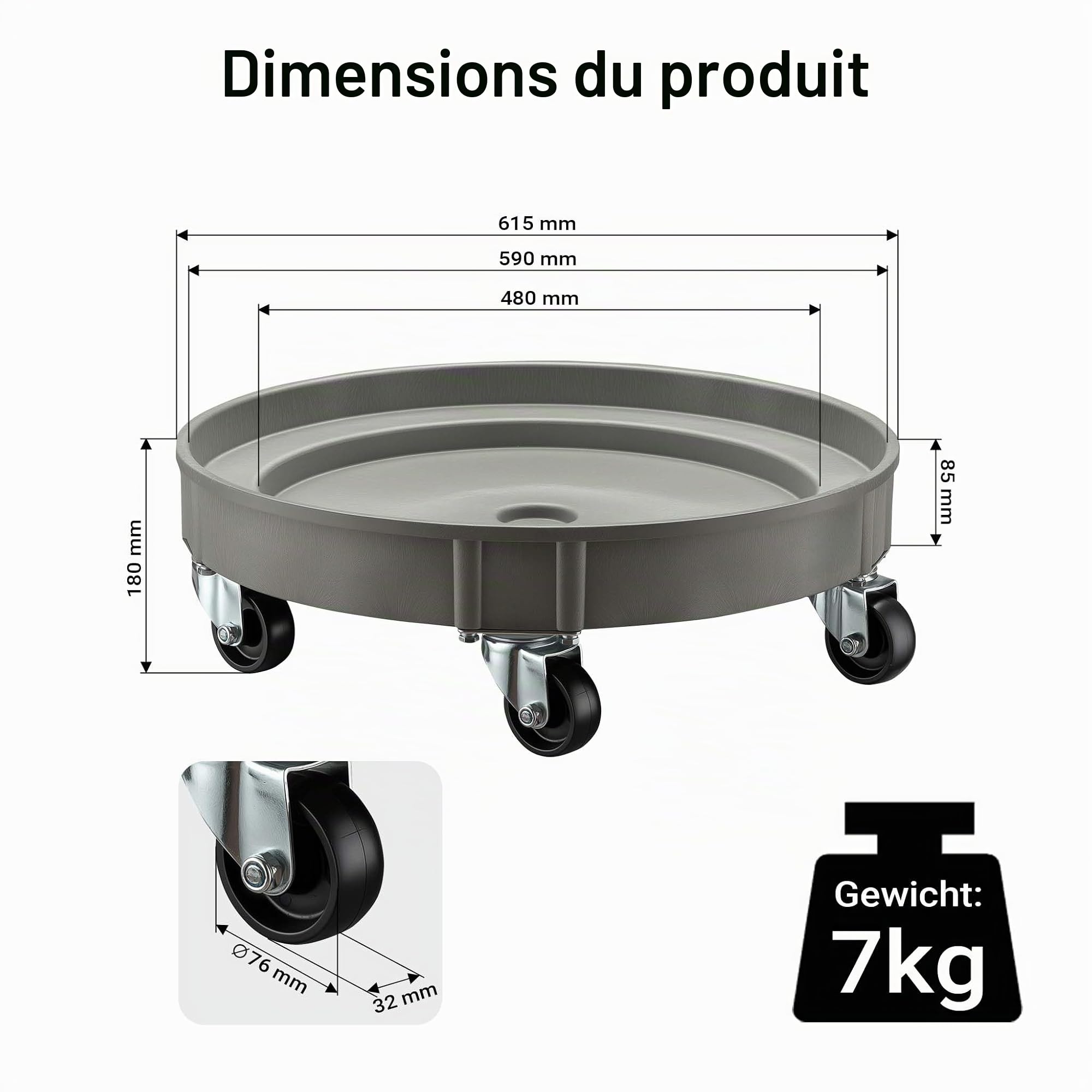 Wiltec Chariot Porte fût – Ø 60 cm – Capacité de Charge Max. 400 kg – en PP – sur roulettes pivotantes – Rouleur Transport de futs Porte-barils