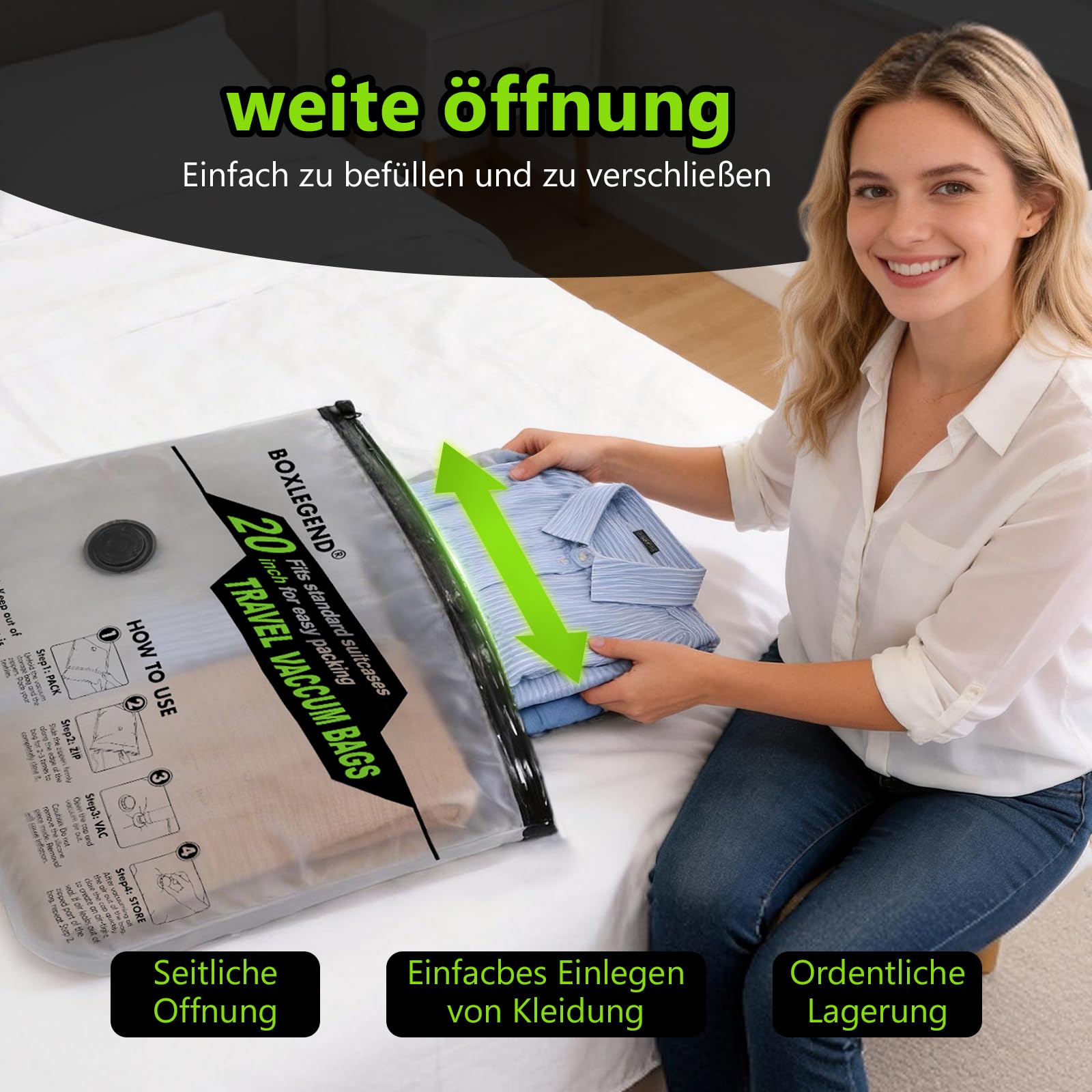 BoxLegend Vakuumbeutel für Kleidung Reise mit Kabelloser Pumpe, Vakuumbeutel 10er Set (4x 40x50cm, 3x 40x60cm, 3x 45x70cm), Abgerundete Kanten & Langseiten-Reißverschluss, Vakuumierbeutel für Koffer - 3