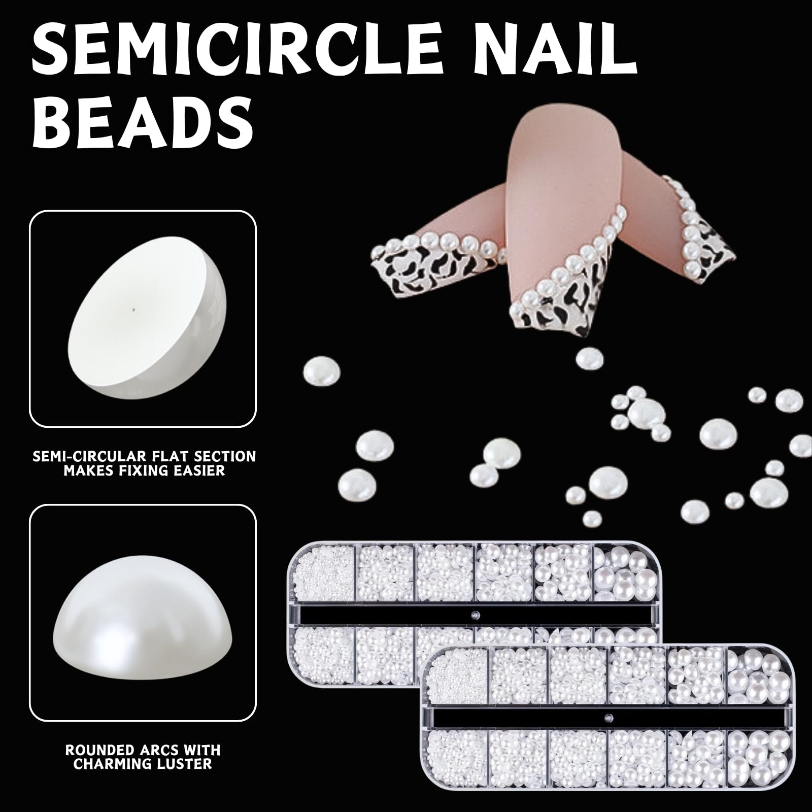 12 Tailles Perles Nail Art, Perles Plates, 2 Boîtes Perles Ongles Demi-Rondes, Deco Ongle Nail Art et Bijoux Ongles Nail Art pour Design Nail Art, DIY (2 Boîtes)