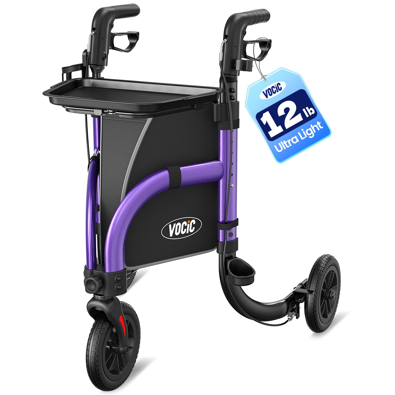 VOCIC 3 Wheel Walkers for Seniors,Z25 Pro Foldable Rollator with 8" Airless Tires & Non-Slip Tray, Cane Holder & Cup Holder, Lightweight Three Wheel