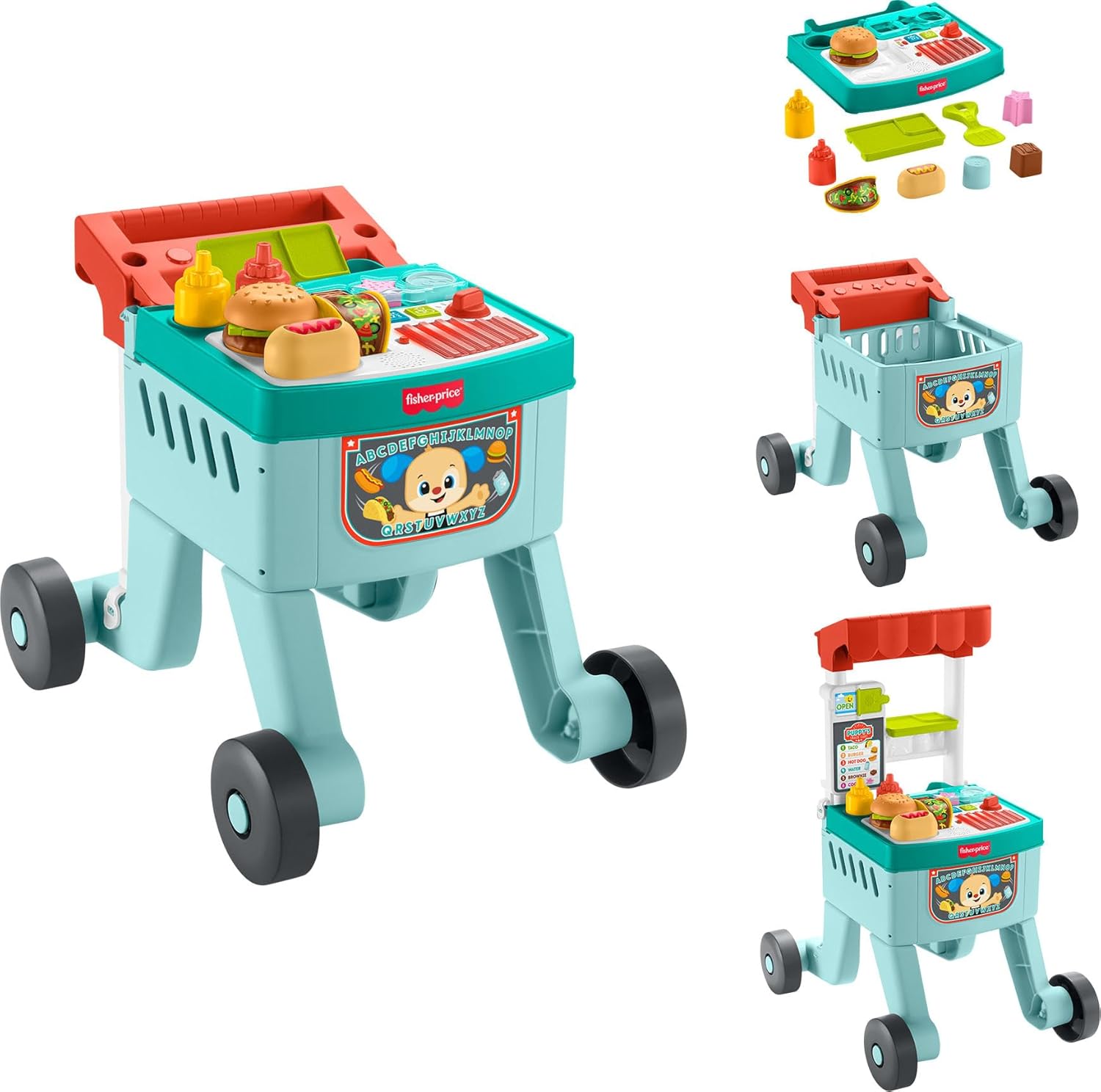 Fisher-Price Baby Learning Toy Laugh & Learn 4-in-1 Snack Cart Walker with 14 Pieces for Toddler Pretend Play Infants Ages 6+ Months