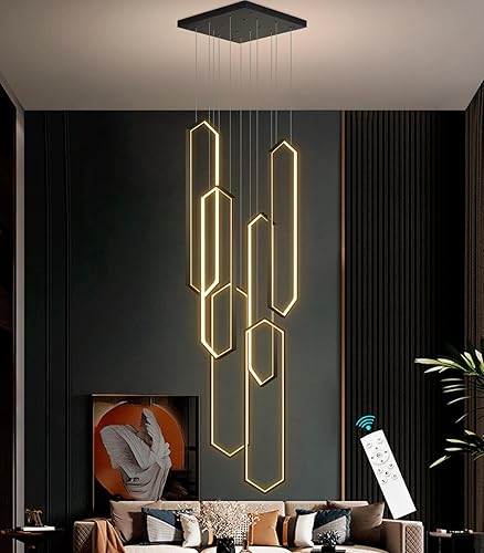 Candelabro de 6 anillos moderno, luz LED contemporánea negra para entrada de sala de estar, lámparas de techo alto regulables con control remoto