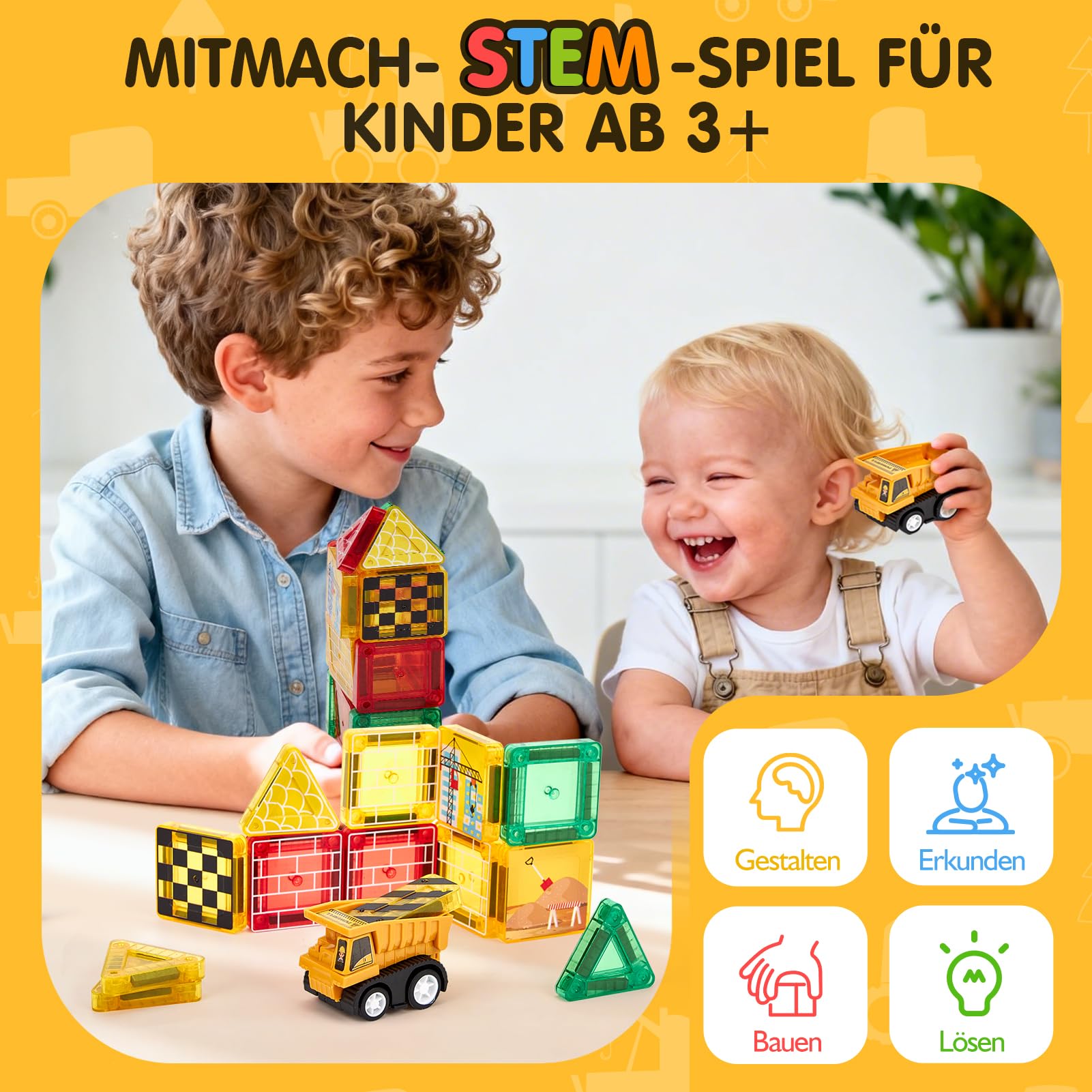hahaland Magnetische Bausteine ab 3 Jahre mit 3 Baustellenfahrzeugen & Aufbewahrungsbox, 42PCS Mini Magnetic Tiles Reisespielzeug mit Bauplatte, Montessori Spielzeug Geschenk für Kinder 3 4 5 Jahre