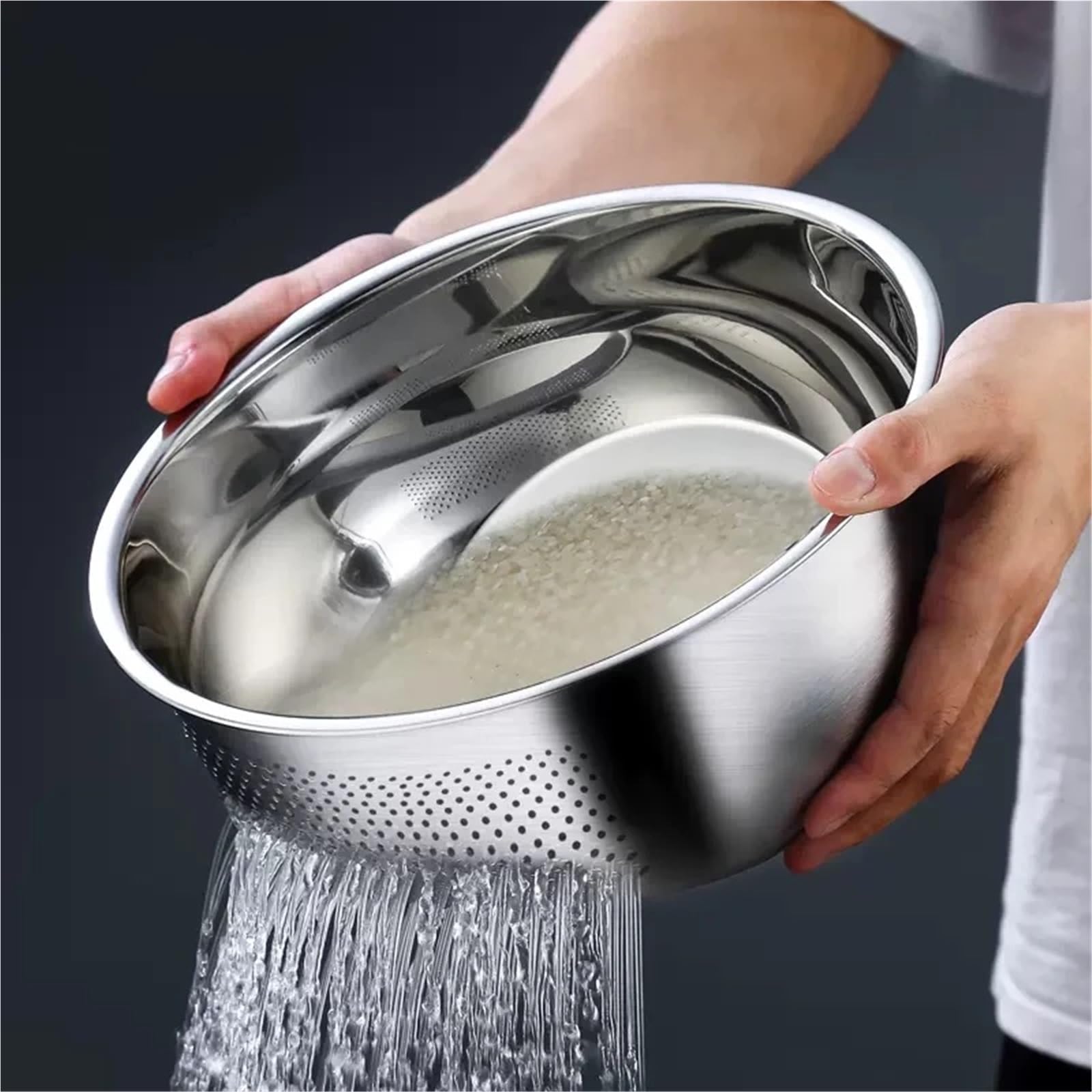 Colador De Arroz De Acero Inoxidable Cesta de filtro cuenco colador arroz lavado acero inoxidable, cestas coladoras frutas y verduras, dispositivo drenaje fregadero cocina(L)