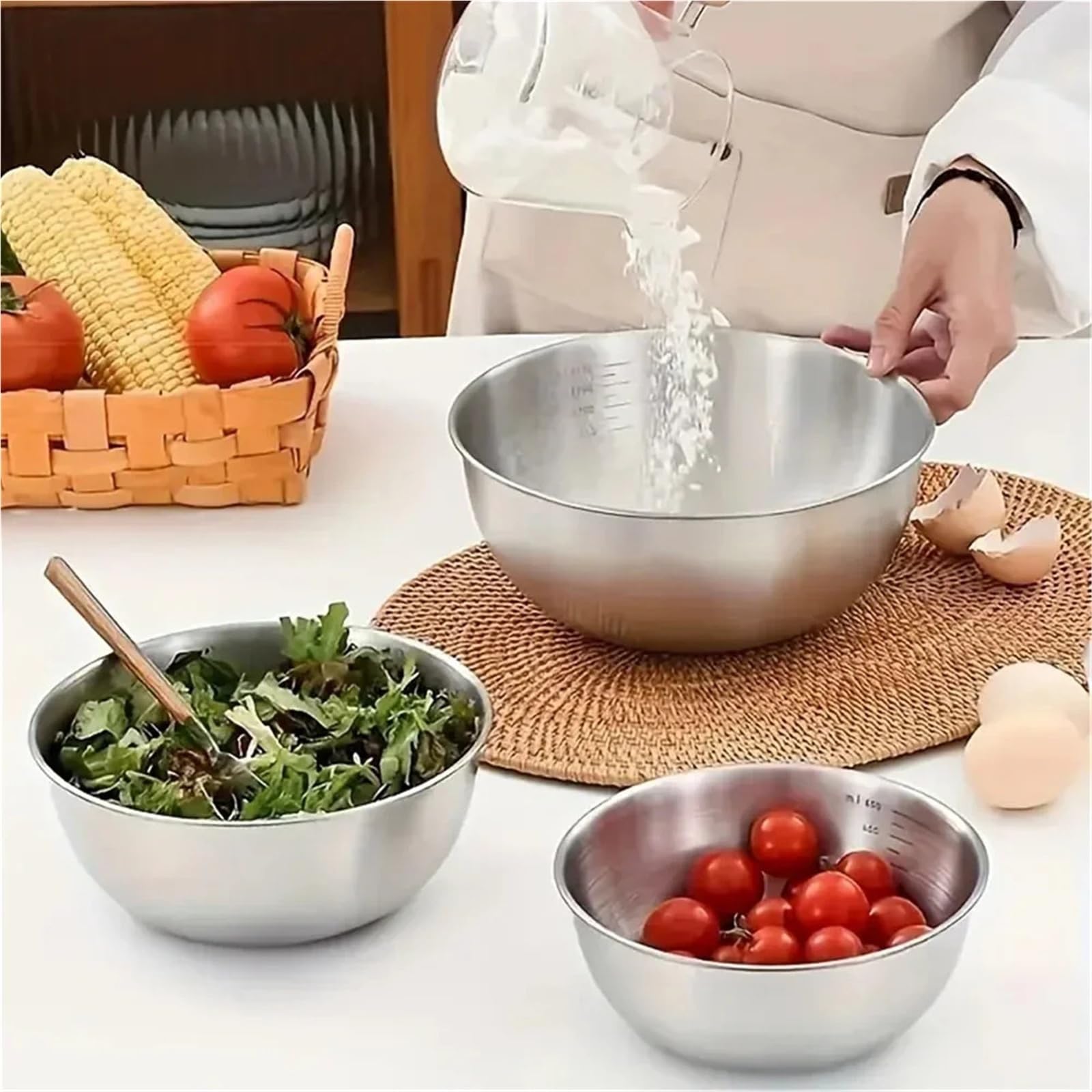 Tazón Para Mezclar Juego de tazones for mezclar acero inoxidable | 1-3 piezas con báscula de gran capacidad for cocinar, hornear y almacenar alimentos(L 1pc)