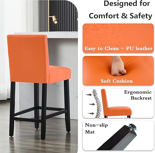Miniatura 4 de Juego de 3 taburetes de bar de piel sintética de 26 pulgadas, modernas sillas de bar tapizadas con respaldo, taburetes de bar con patas de madera