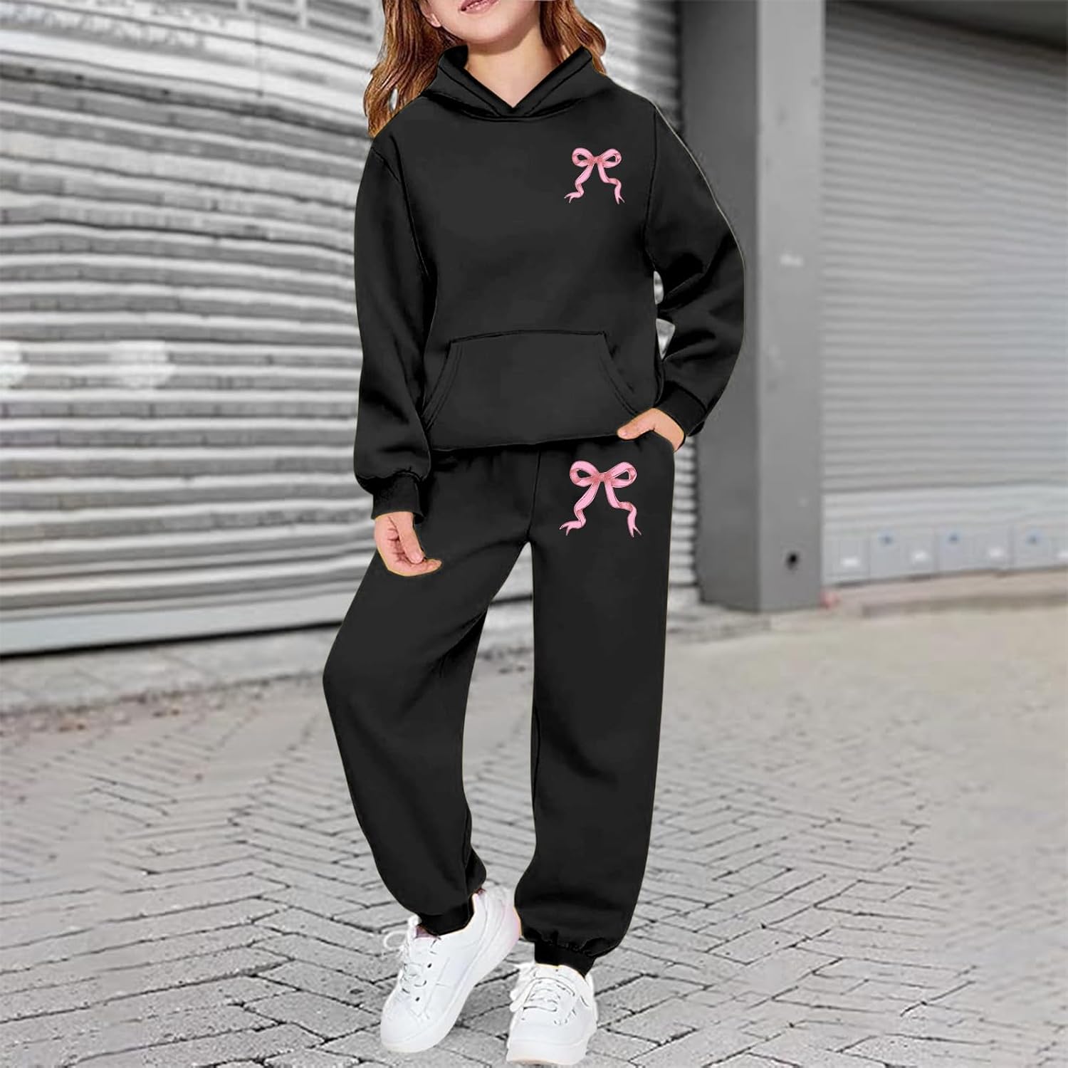 Girls Sweatsuit Set 2 Piece Outfits Cute Bow Print Hooded Sweatshirt and Jogger Pants with Pocket Athletic Sets Tracksuit - Image 2