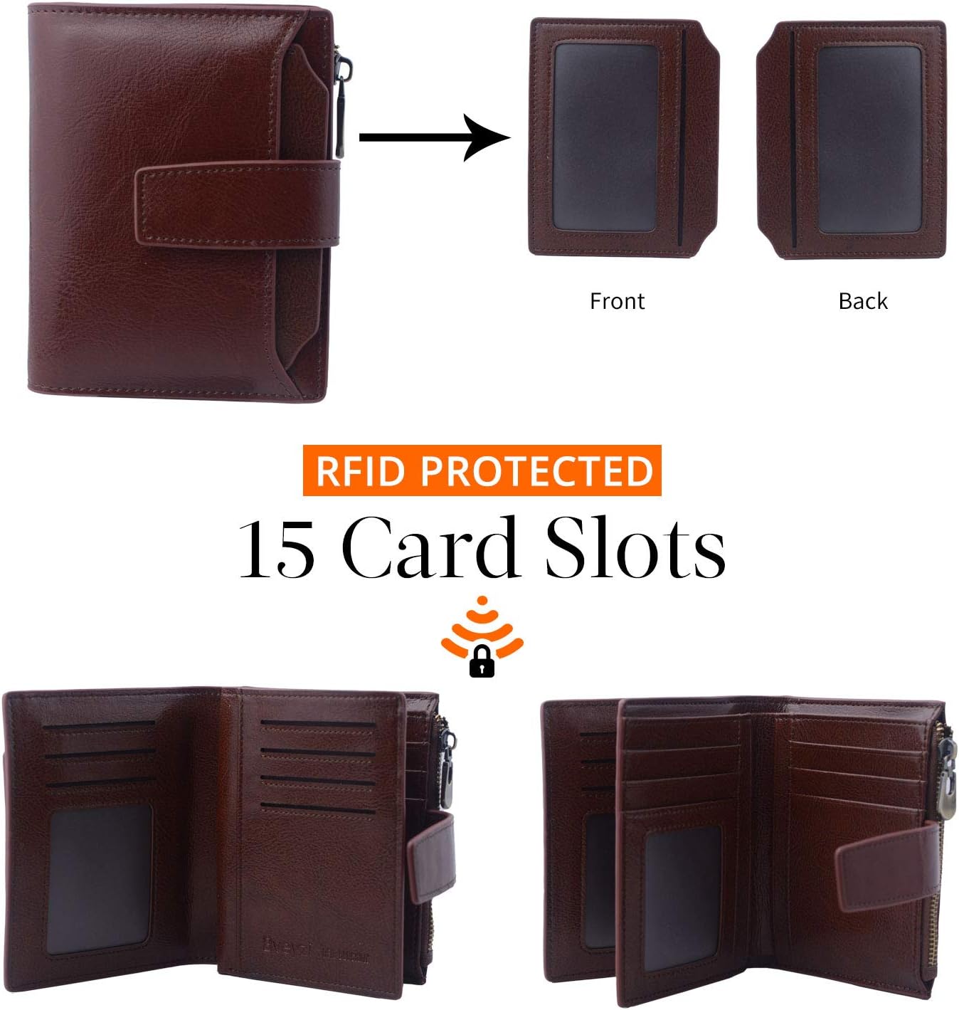 Bveyzi Women's Small Leather RFID Blocking Bifold Zipper Pocket Wallet Ladies Credit Card Slots Purse with id Window - Image 3