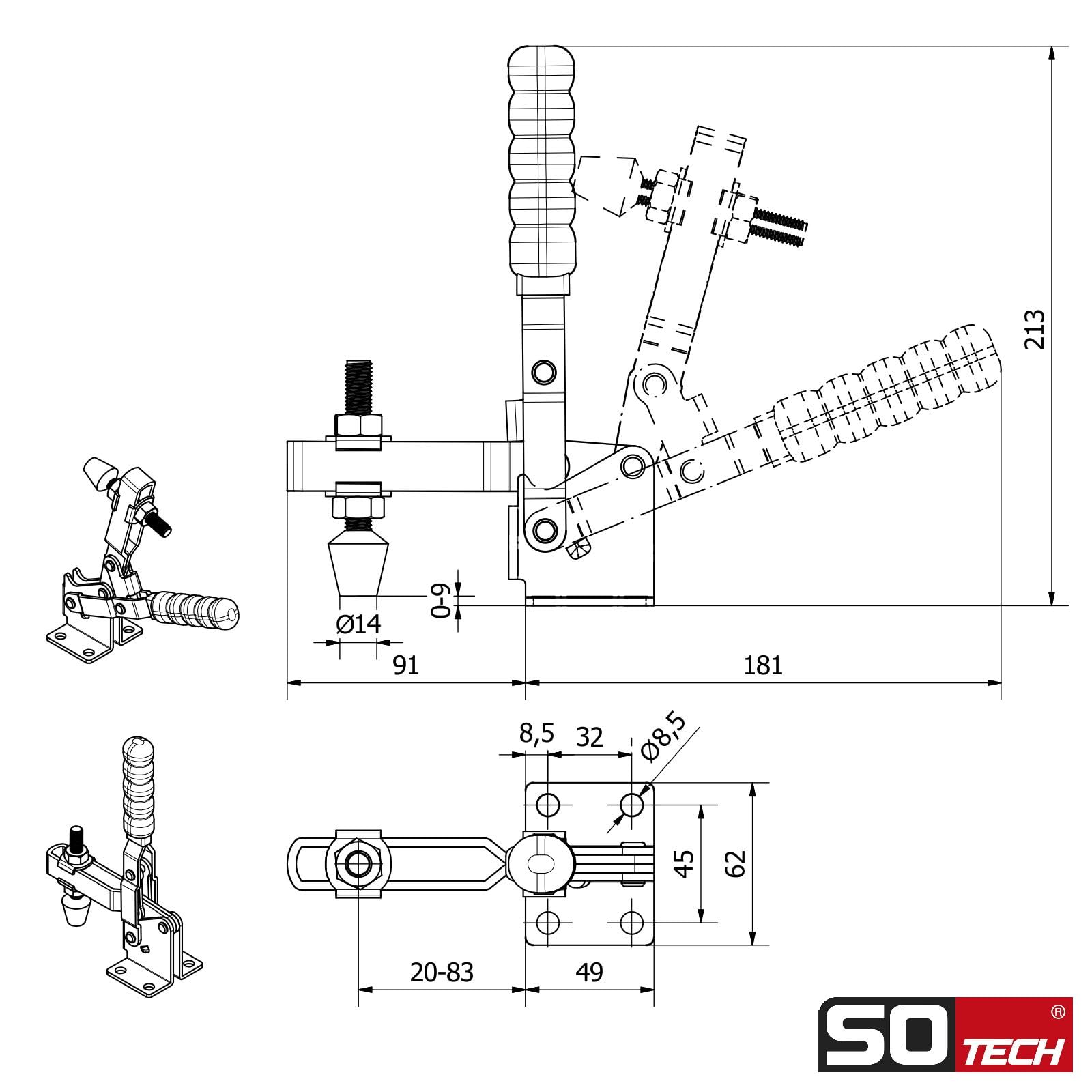 SOTECH 4 piezas Abrazaderas de palanca fuerza de sujeción hasta 1136 kg abrazaderas horizontales abrazaderas de palanca abrazaderas