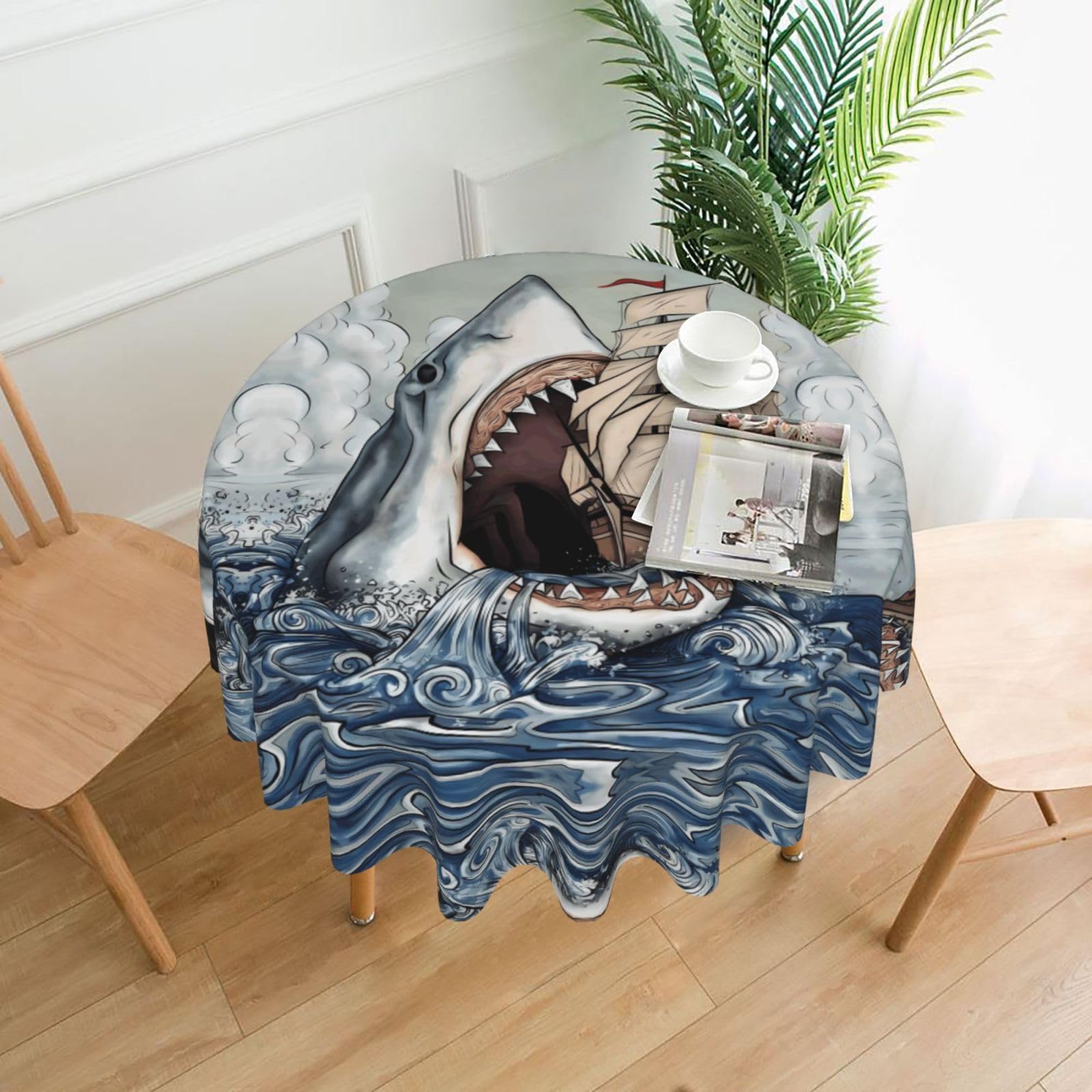 WHJSHOP Cartoon Fish Eating Ship in Ocean Sea Prints Round Table Throw 60 Inch – Waterproof Table Cover for Dining, Coffee Tables, Parties & More - Soft, Wrinkle-Resistant Table Layer