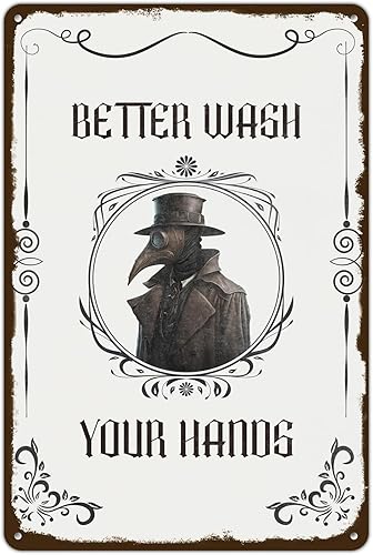 Letrero de metal retro con texto en inglés Wash Your Hands de Plague Doctor, decoración de pared gótica vintage para baño, bar, pub, médico de la