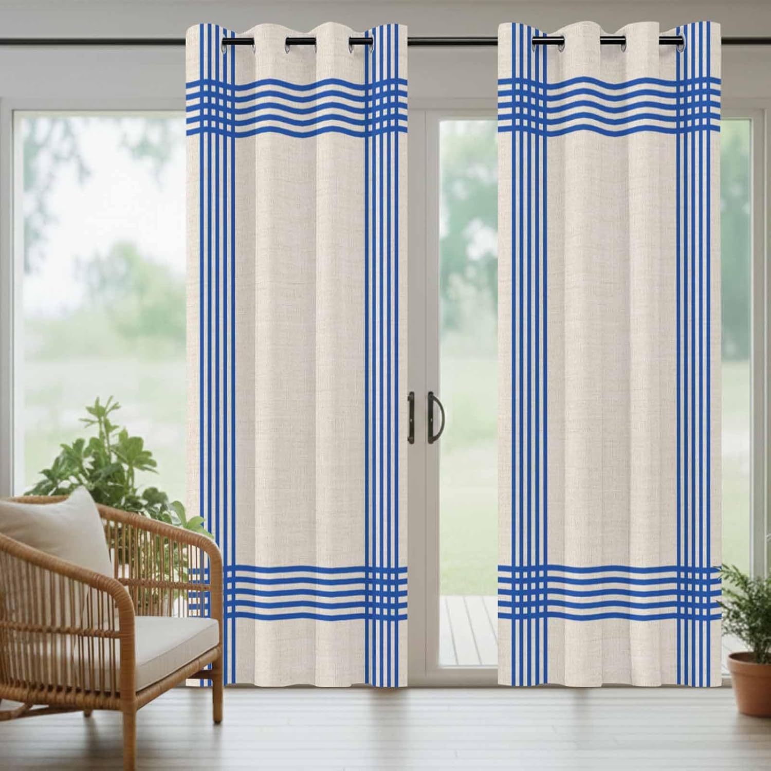Weighted Outdoor Curtains for Patio Waterproof 84 in 2 Panels Classic Blue Striped Drapes Weatherproof Privacy Outside Curtain for Porch Gazebo Pergola Cabana,Grommet Top, Retro Line on Linen