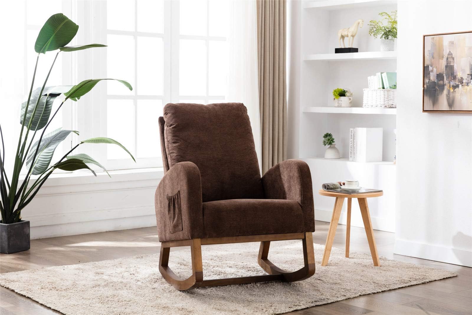 Pannow Upholstered Rocking Chair Mid-Century, Modern Nursery Rocking Armchair, Upholstered Tall Back Accent Glider Rocker with 2-Side Pocket for Bedroom Living Room Lounge
